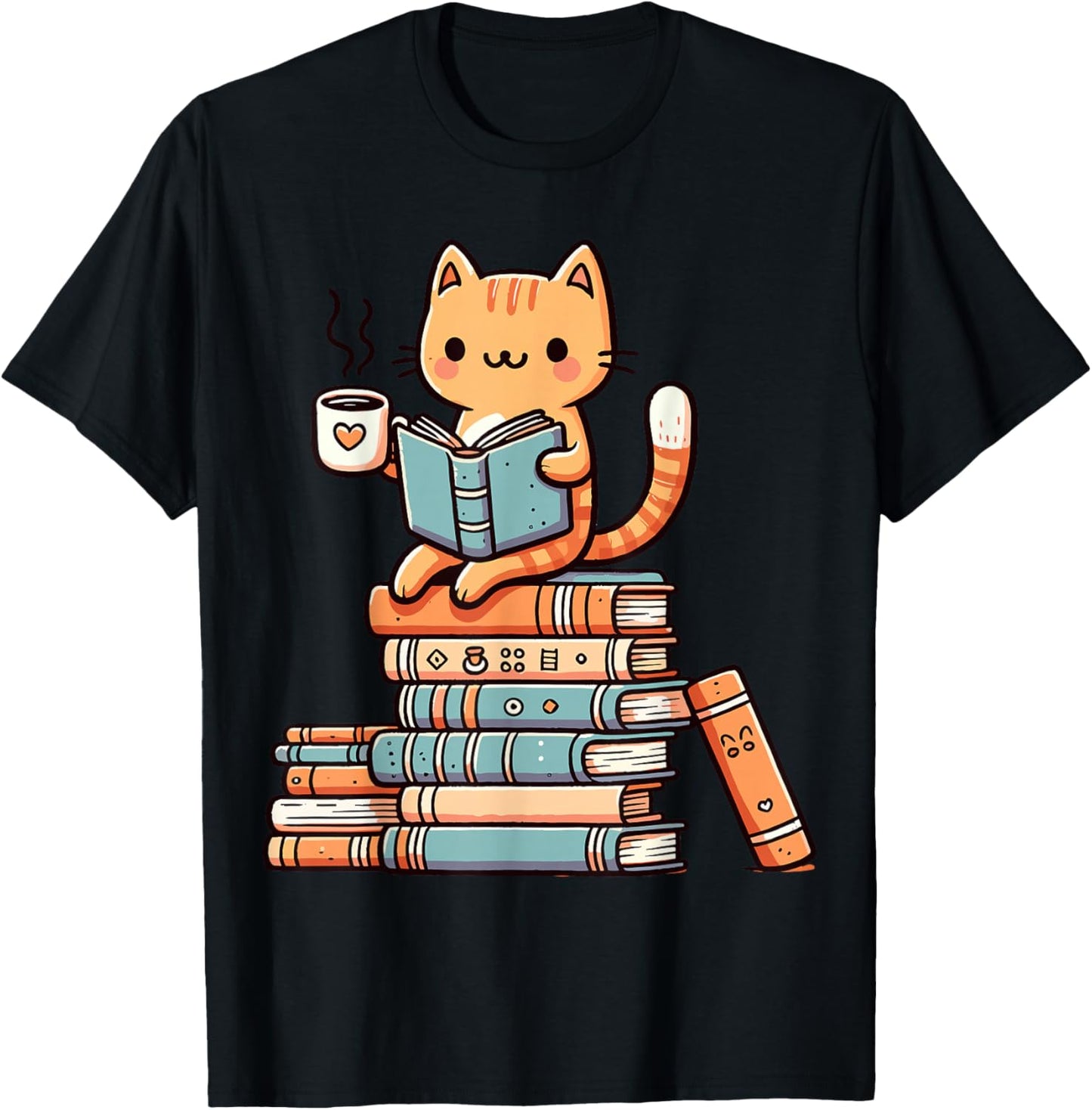 Kawaii Cat Coffee Books Teacher Men Women Girls Kids T-Shirt - T-Shirt | Black