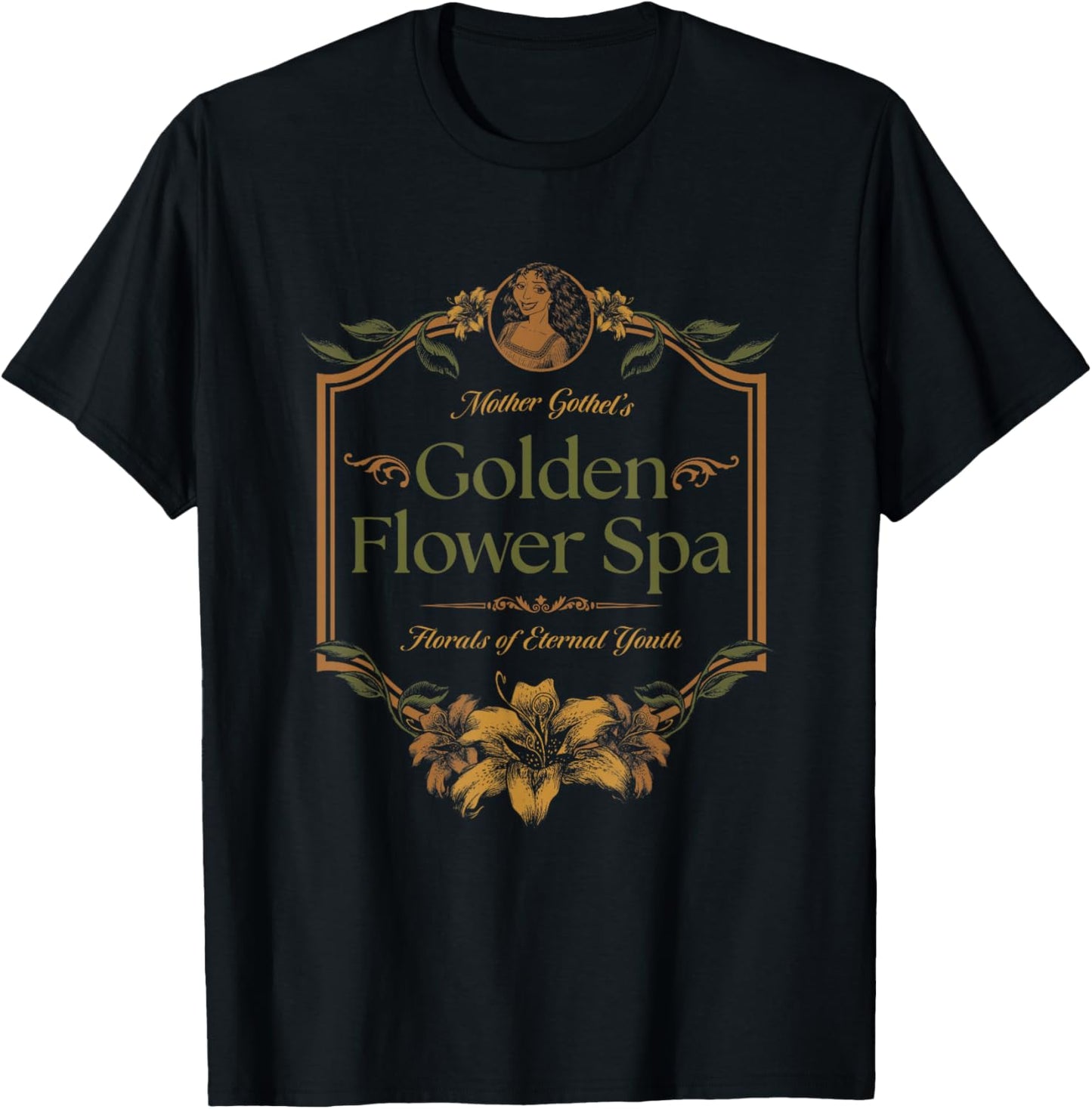 Disney Villains Mother Gothel's Golden Flower Spa Retro Logo T-Shirt - T-Shirt | Black