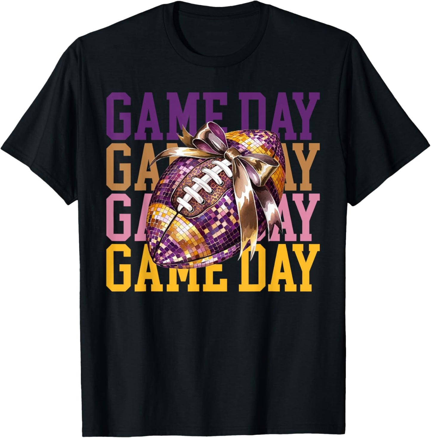 Coquette Bow Disco Funny Football Game Day Touchdown Season T-Shirt - T-Shirt | Black