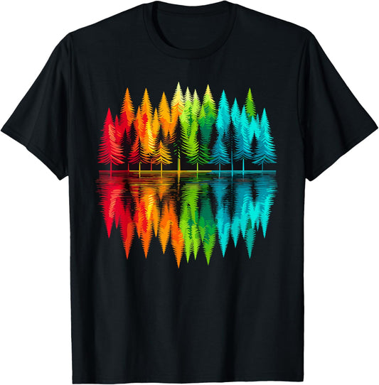 Colorful Trees Nature Landscape -Adults , Black, Small, Short Sleeve, Polyester 100%, Nature Themed, Outdoor Adventure T-Shirt - T-Shirt | Black