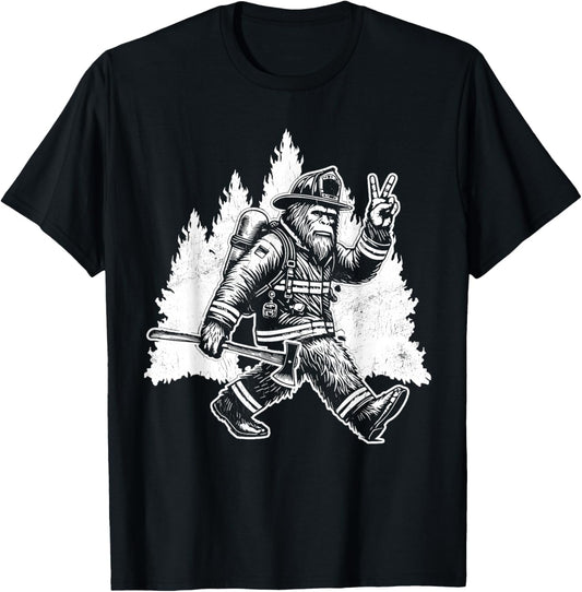 Funny Bigfoot Firefighter Sasquatch Design Men's Retro Bigfoot Firefighter Sasquatch Fireman - Black, Small, Short Sleeve T-Shirt - T-Shirt | Black