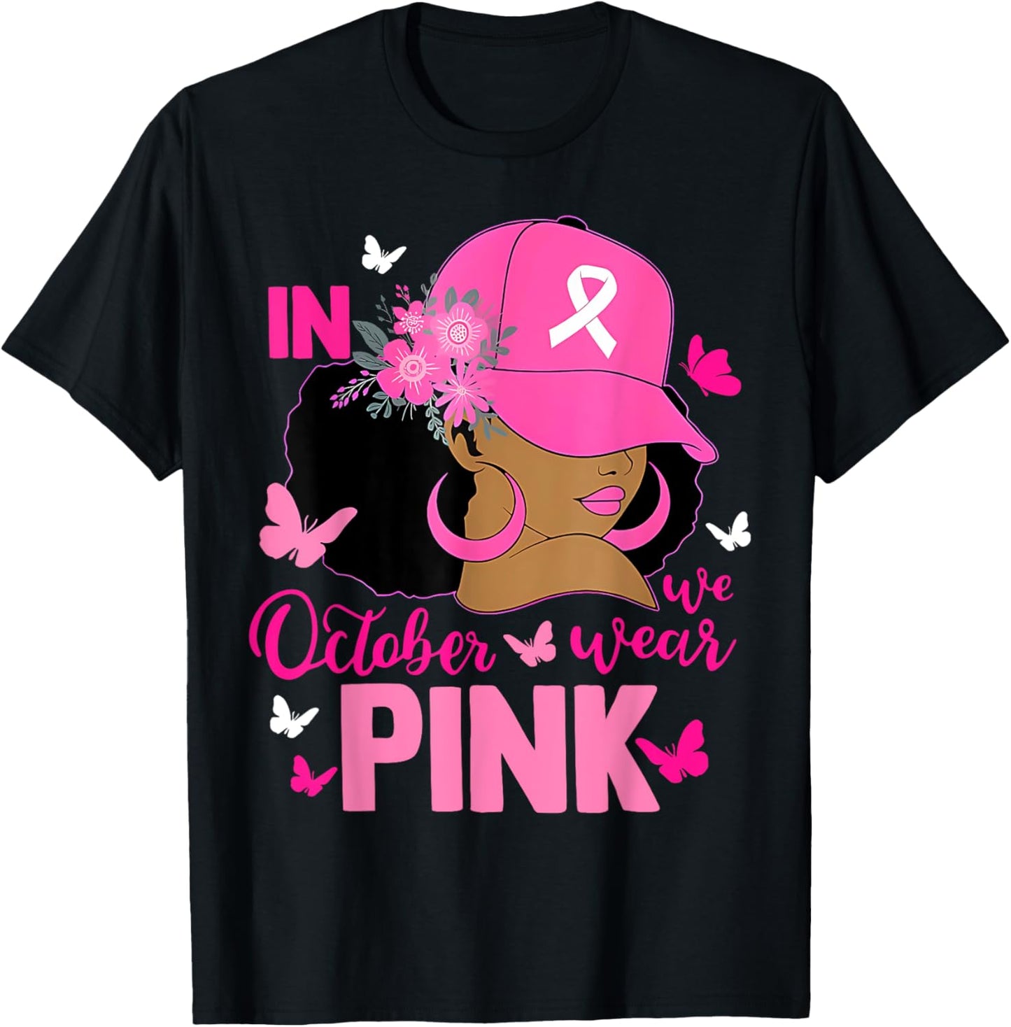Messy Bun In October We Wear Pink Messy Bun Black Women T-Shirt - T-Shirt | Black