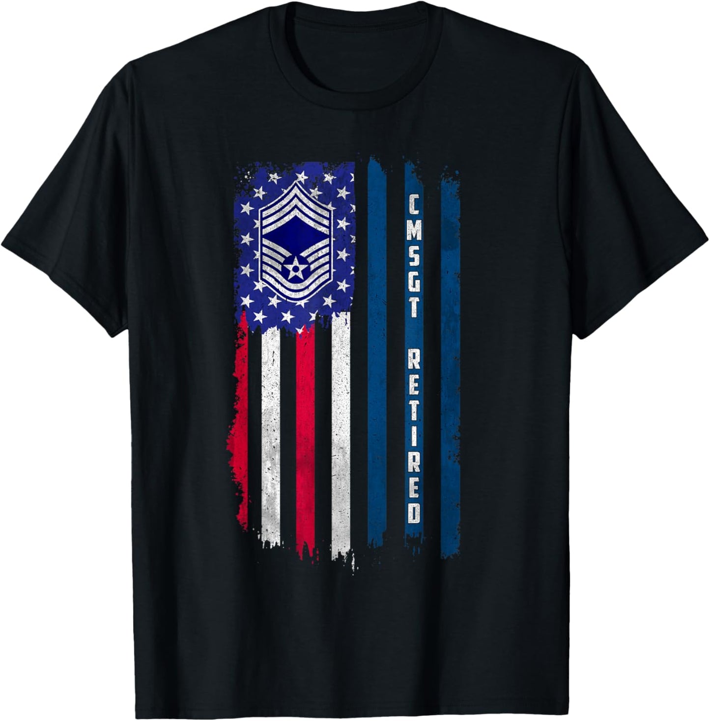 Retired E-9 Chief Master Sergeant CMSgt Rank American Flag T-Shirt - T-Shirt | Black