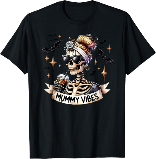 Mummy Vibes Skeleton Coffee Mom Spooky Season Halloween T-Shirt - T-Shirt | Black