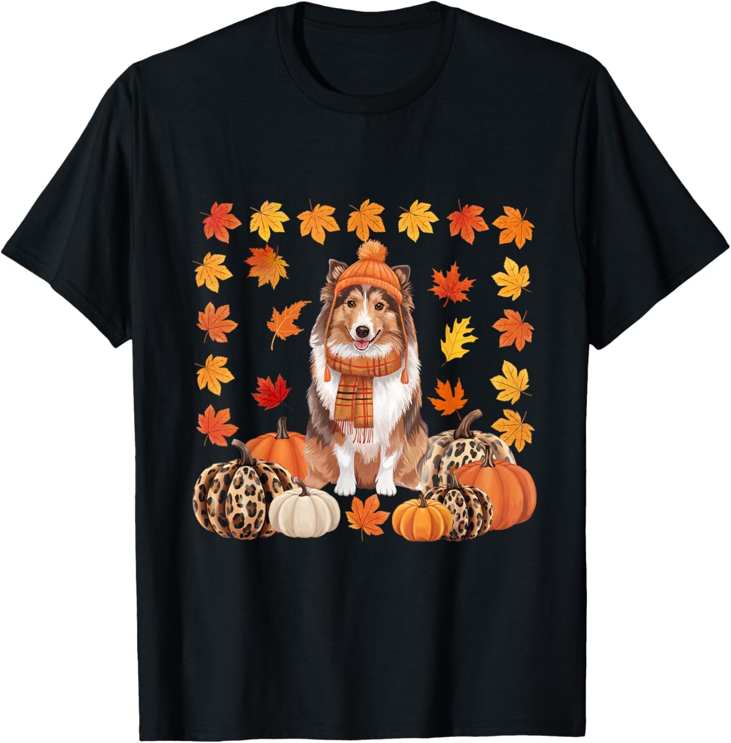 Sheltie Shetland Sheepdog Pumpkins Fall Leaves Halloween T-Shirt - T-Shirt | Black