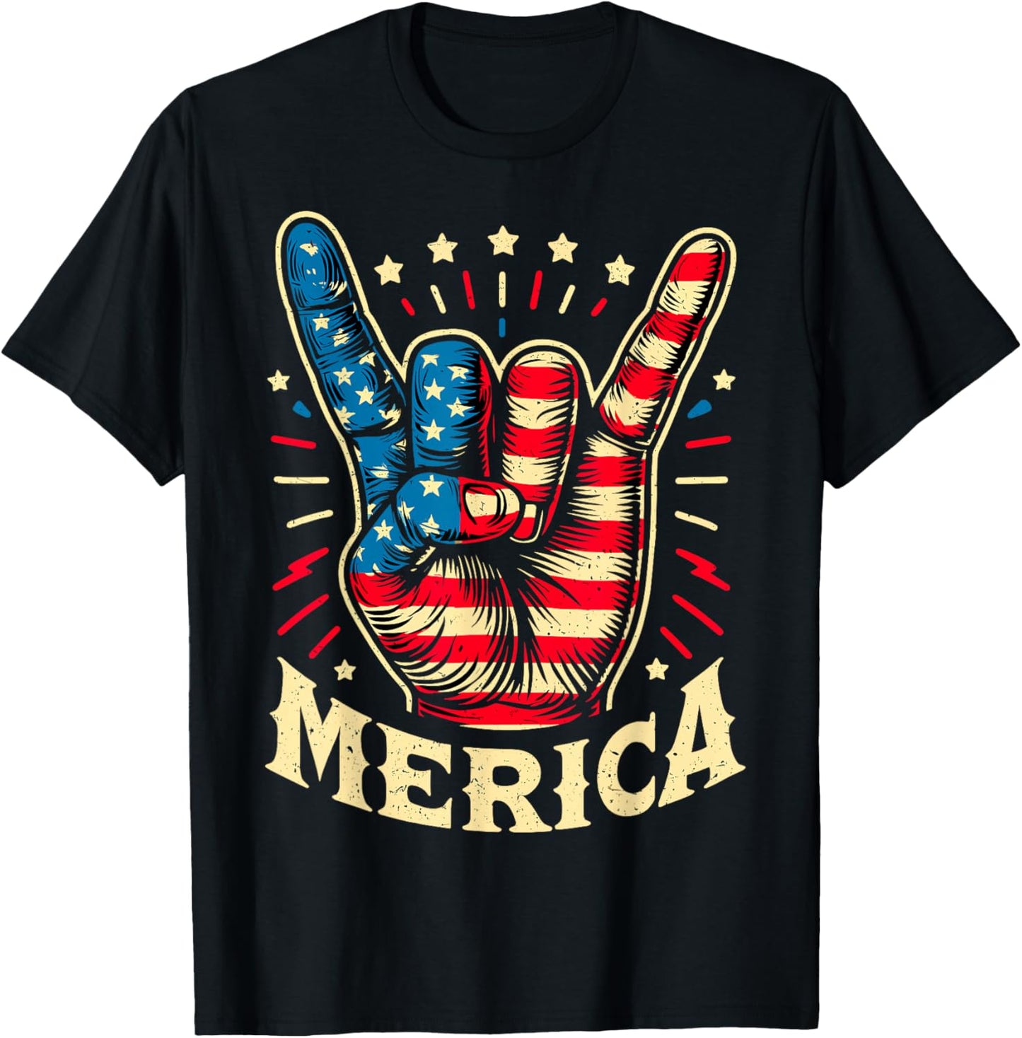 Merica 4th of July Rock and Roll USA Flag T-Shirt - T-Shirt | Black