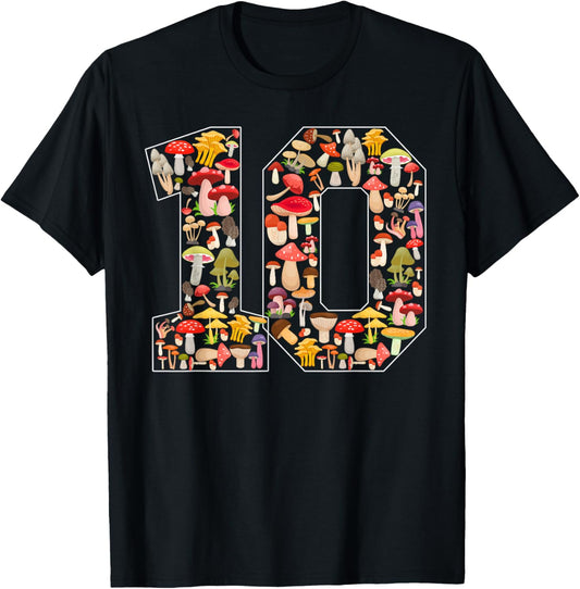 10th Birthday Mushroom Themed 10 Year Old Boy Girl Birthday T-Shirt - T-Shirt | Black