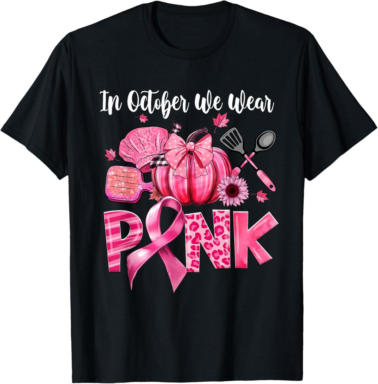 In October We Wear Pink Lunch Lady Pumpkin Breast Cancer T-Shirt - T-Shirt | Black