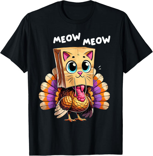 Turkey Cat Meow Thanksgiving Shirts Women Thanksgiving Gifts T-Shirt - T-Shirt | Black