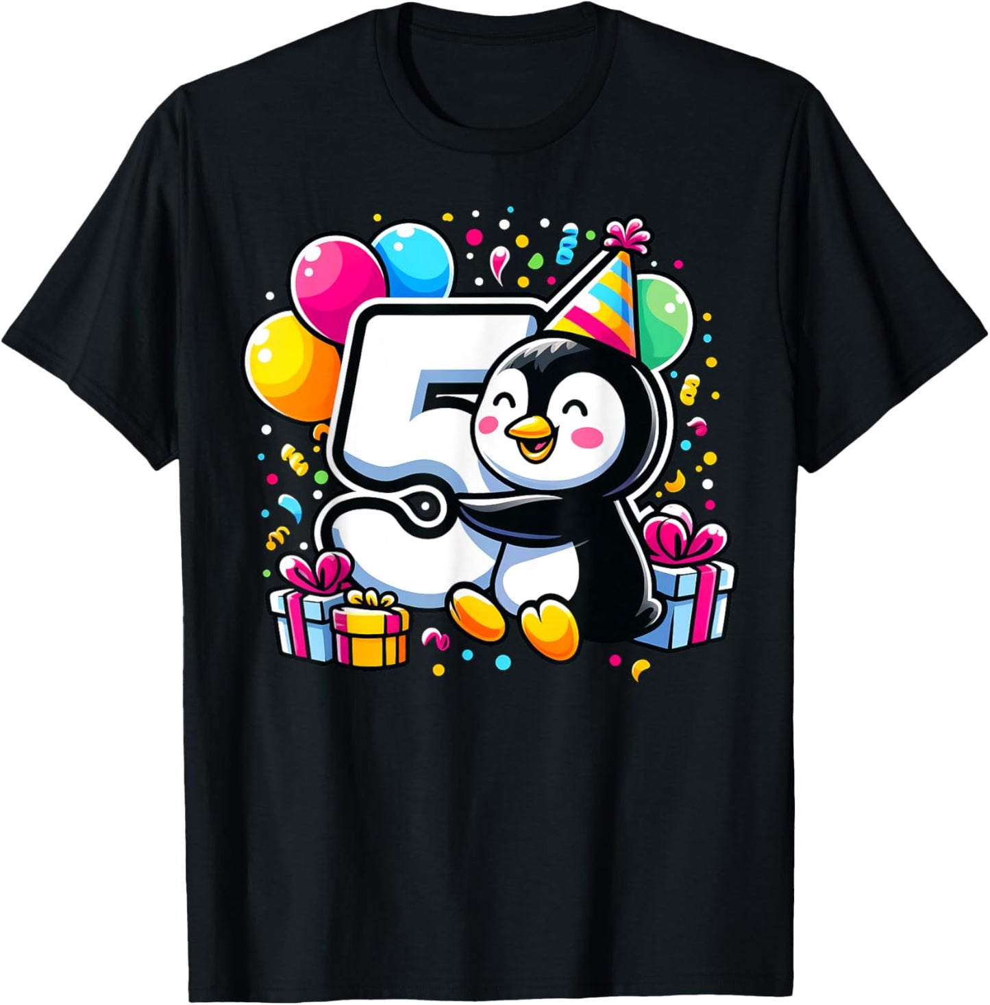 Kids Penguin Theme fifth Bday Party 5th Penguin Birthday T-Shirt - T-Shirt | Black