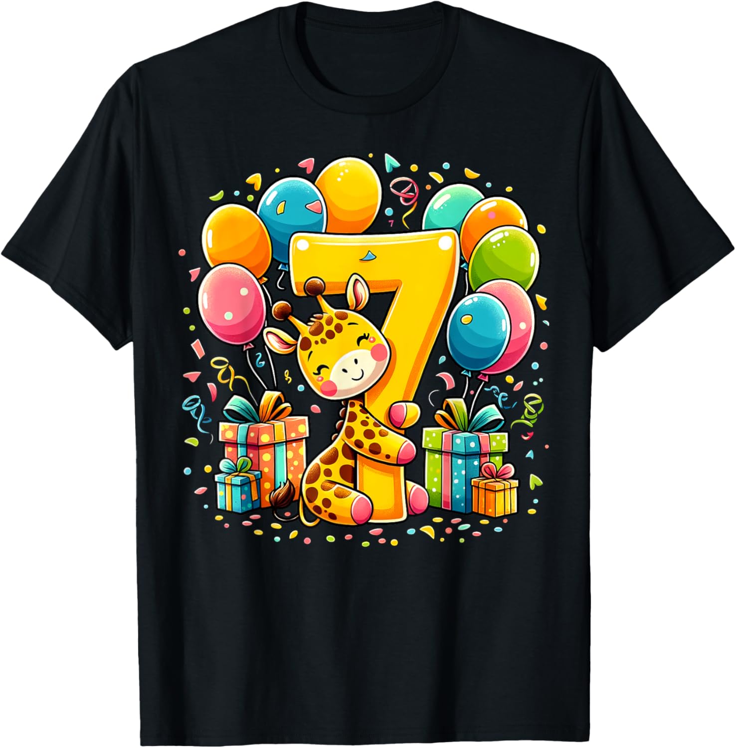 Giraffe 7th birthday boy girl 7 years seventh seven Giraffe T-Shirt - T-Shirt | Black
