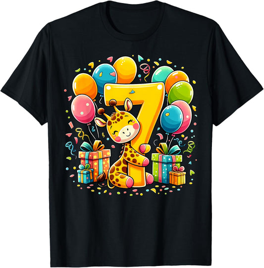 Giraffe 7th birthday boy girl 7 years seventh seven Giraffe T-Shirt - T-Shirt | Black