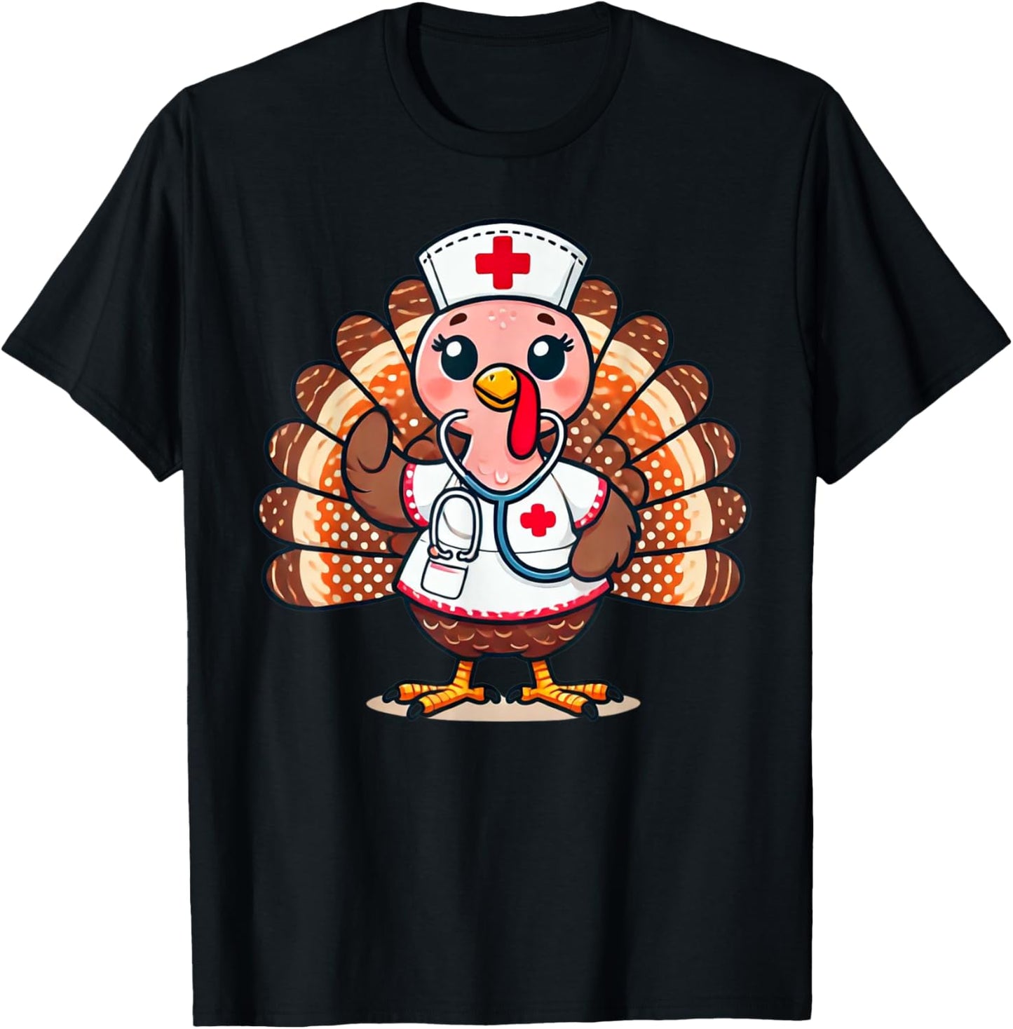 Turkey Nurse Stethoscope Thanksgiving Fall Scrub Top Women T-Shirt - T-Shirt | Black