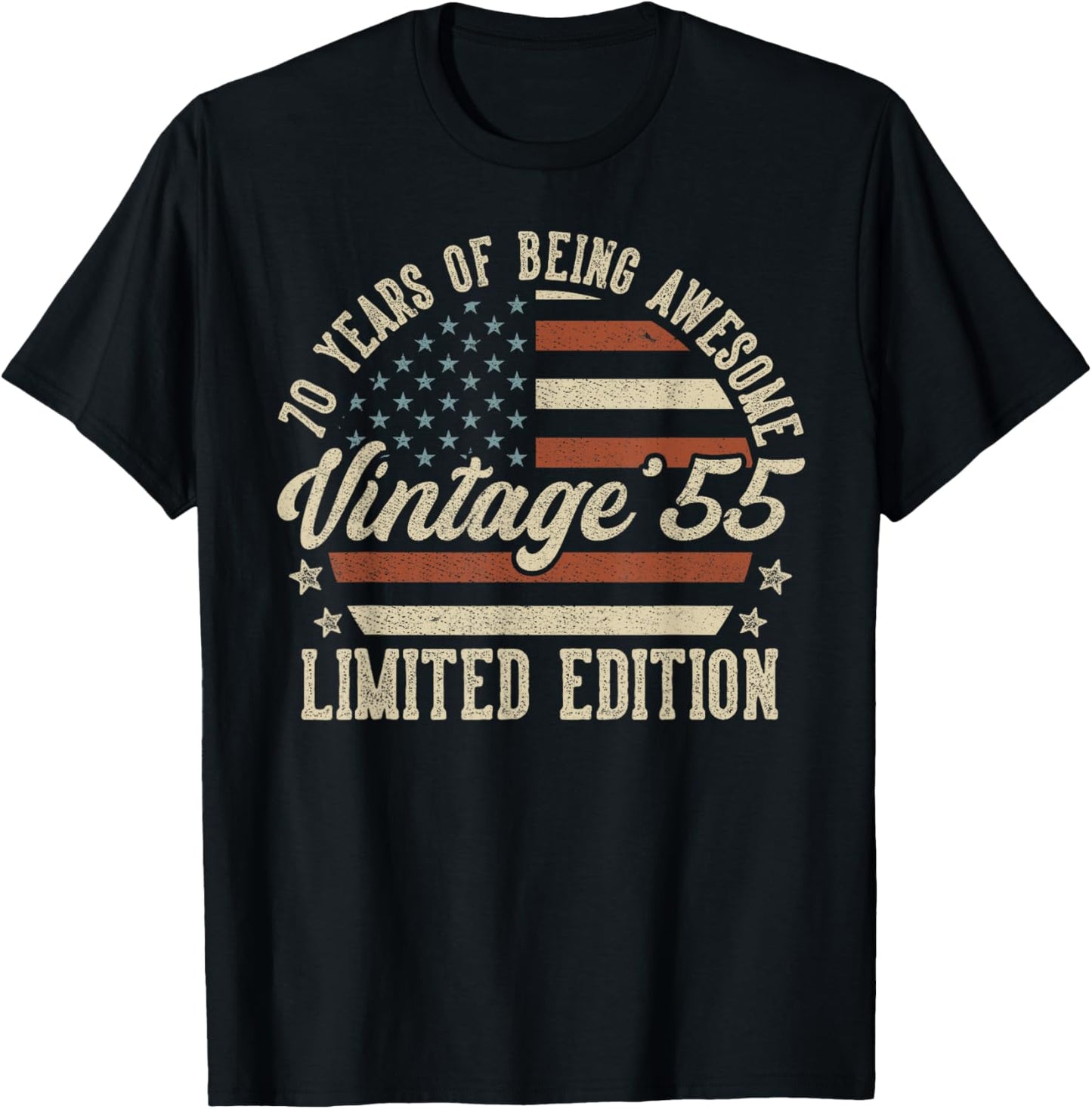 Vintage 1955 70th Birthday Gift 70 Years Old American Flag T-Shirt - T-Shirt | Black