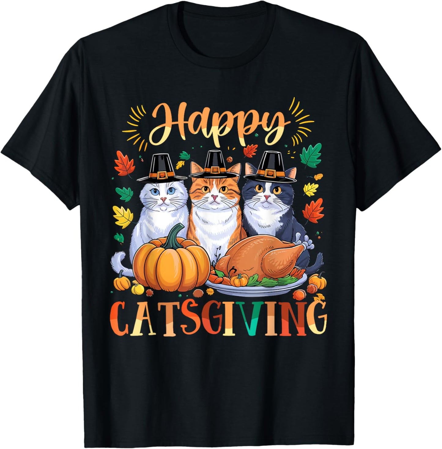 Happy Catsgiving Thanksgiving Kitten Cat Lover Fall Autumn Women T-Shirt - T-Shirt | Black