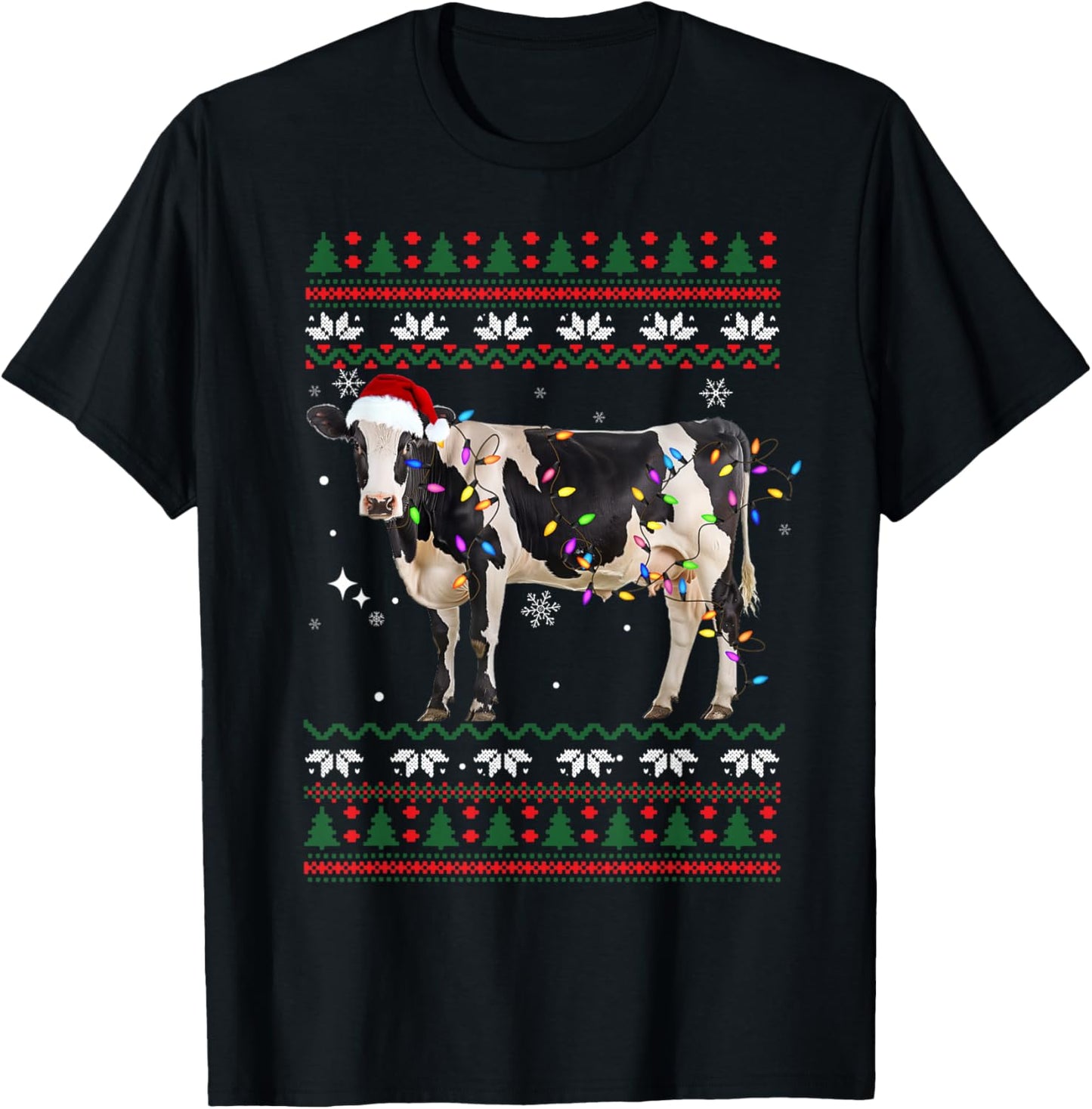 Funny Ugly Xmas Sweater Dairy Cow Farmer Lights Christmas T-Shirt - T-Shirt | Black