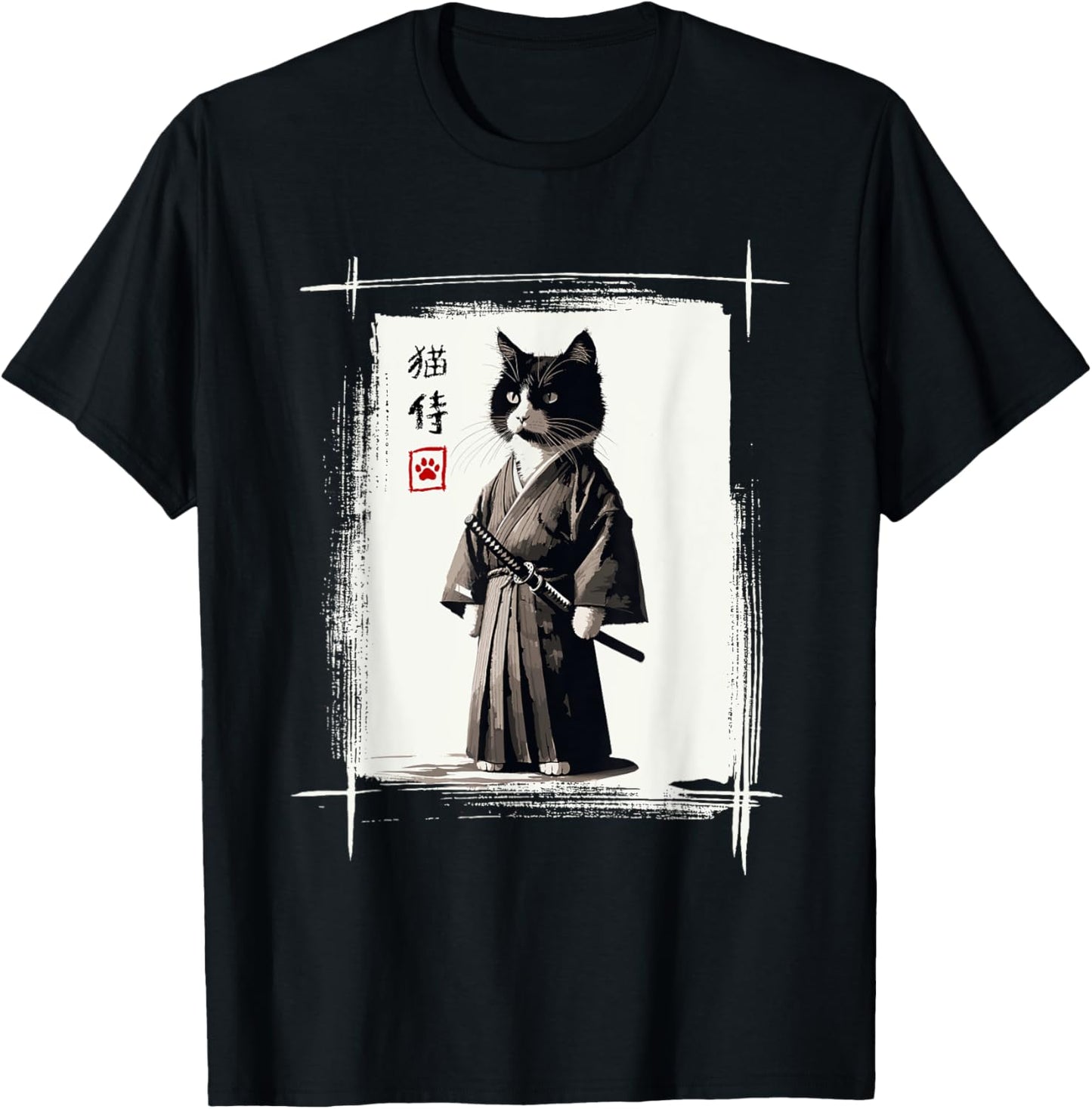 Samurai Cat Japanese Art Sumi-e Novelty Kawaii Funny Cat T-Shirt - T-Shirt | Black