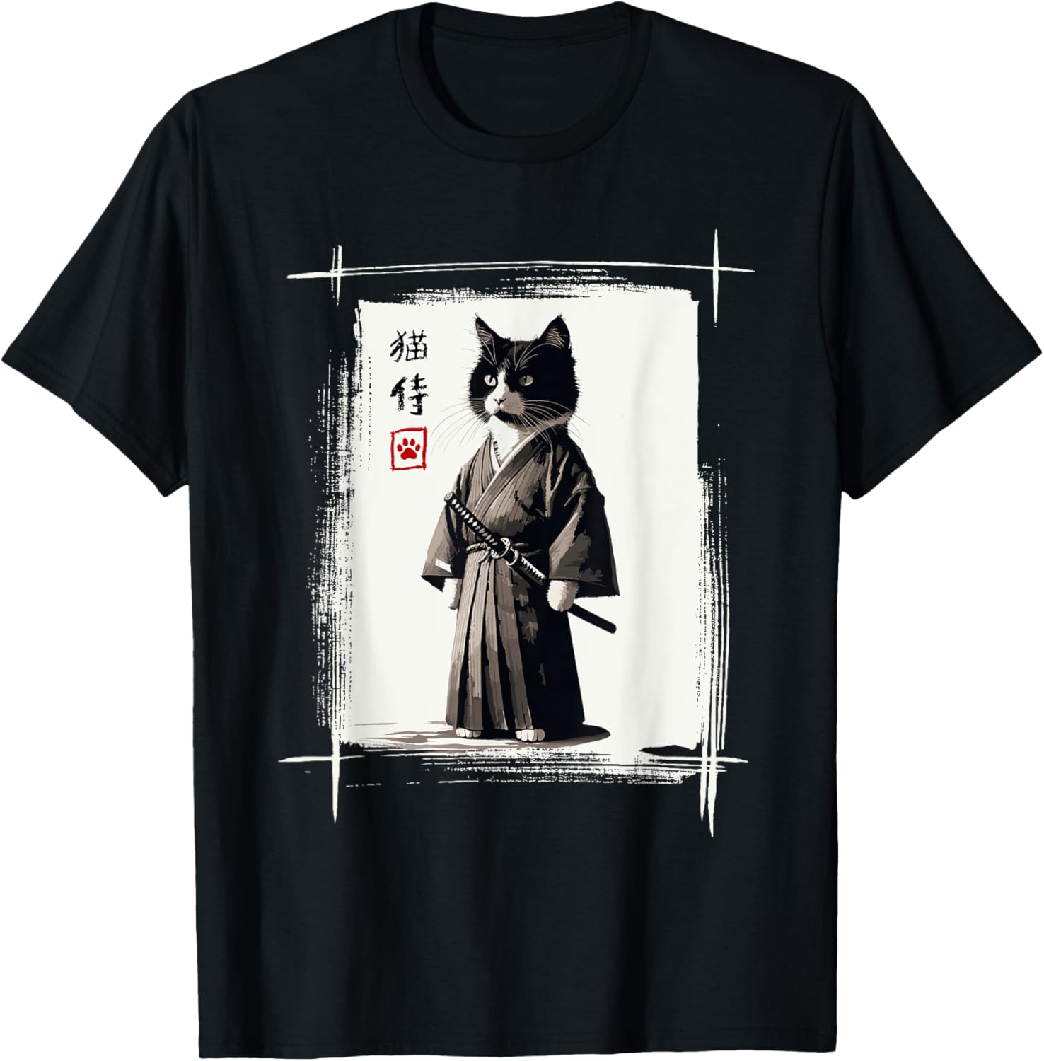 Samurai Cat Japanese Art Sumi-e Novelty Kawaii Funny Cat T-Shirt - T-Shirt | Black