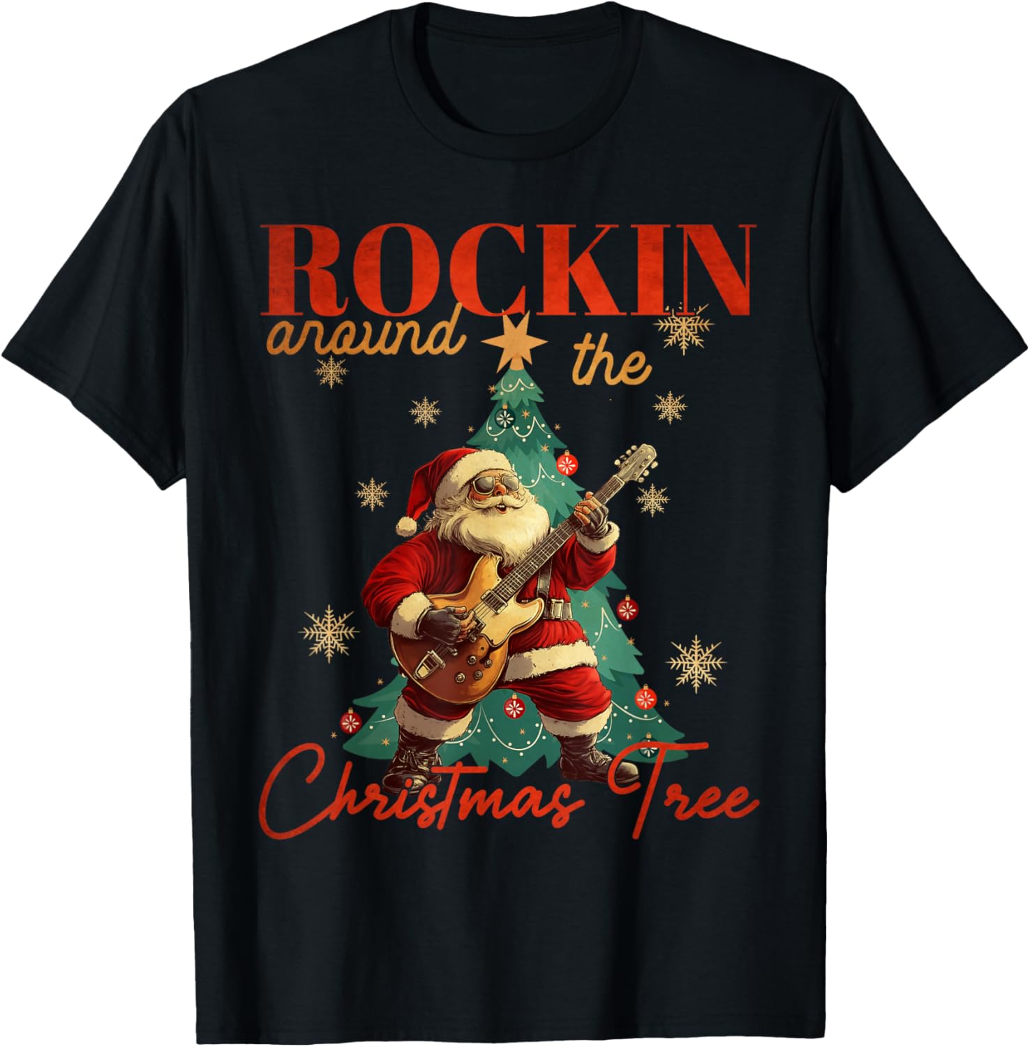 Rocking Around The Christmas Tree Santa Rock and Roll Guitar T-Shirt - T-Shirt | Black