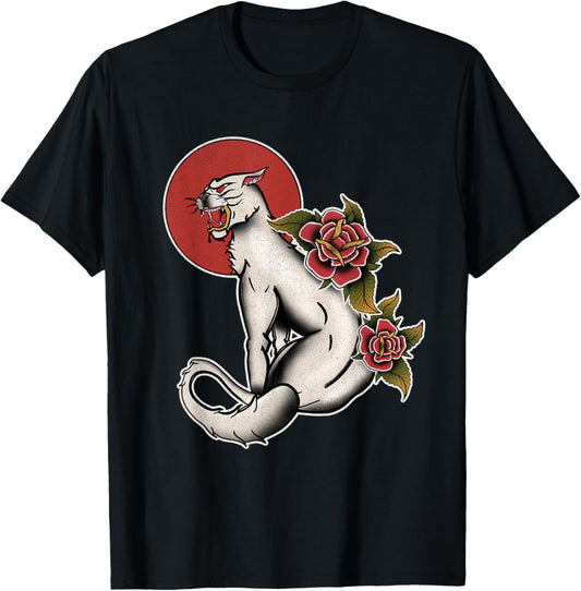 Vintage American Traditional Albino Panther Tattoo Rose T-Shirt - T-Shirt | Black
