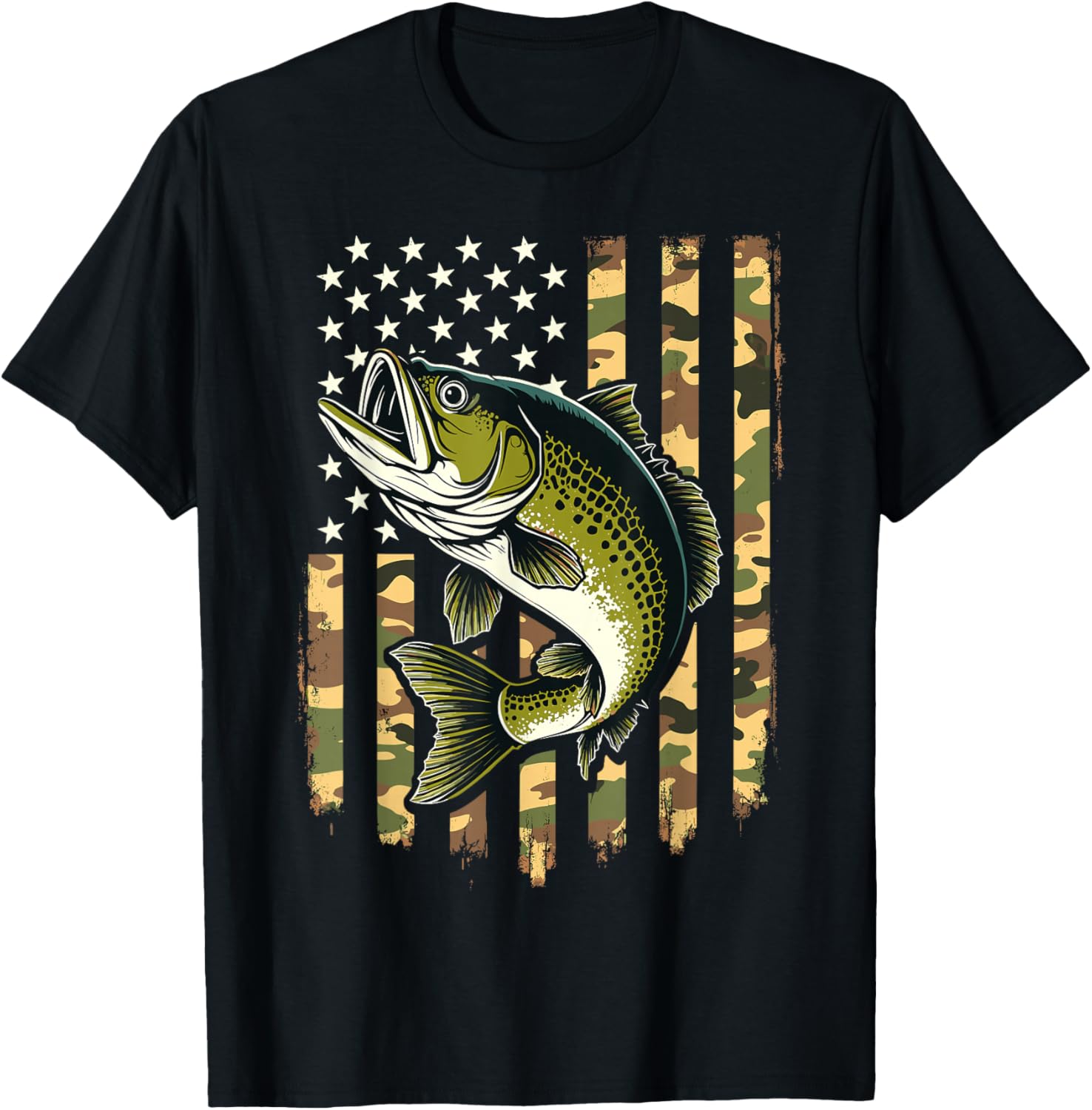 Fishing Camouflage USA American Flag Fisherman T-Shirt - T-Shirt | Black