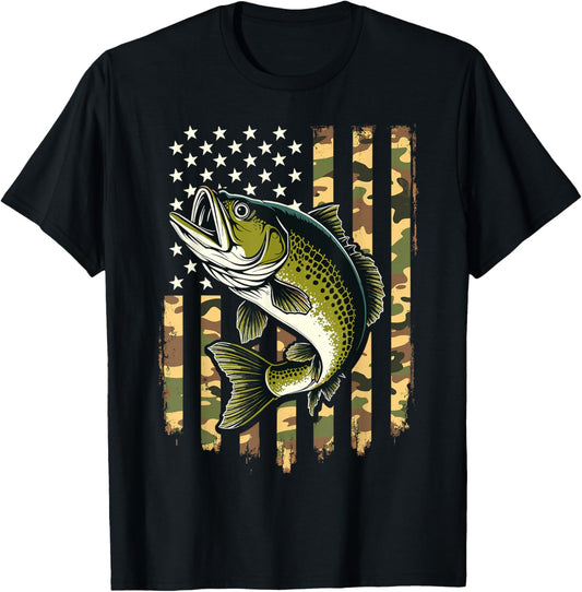Fishing Camouflage USA American Flag Fisherman T-Shirt - T-Shirt | Black
