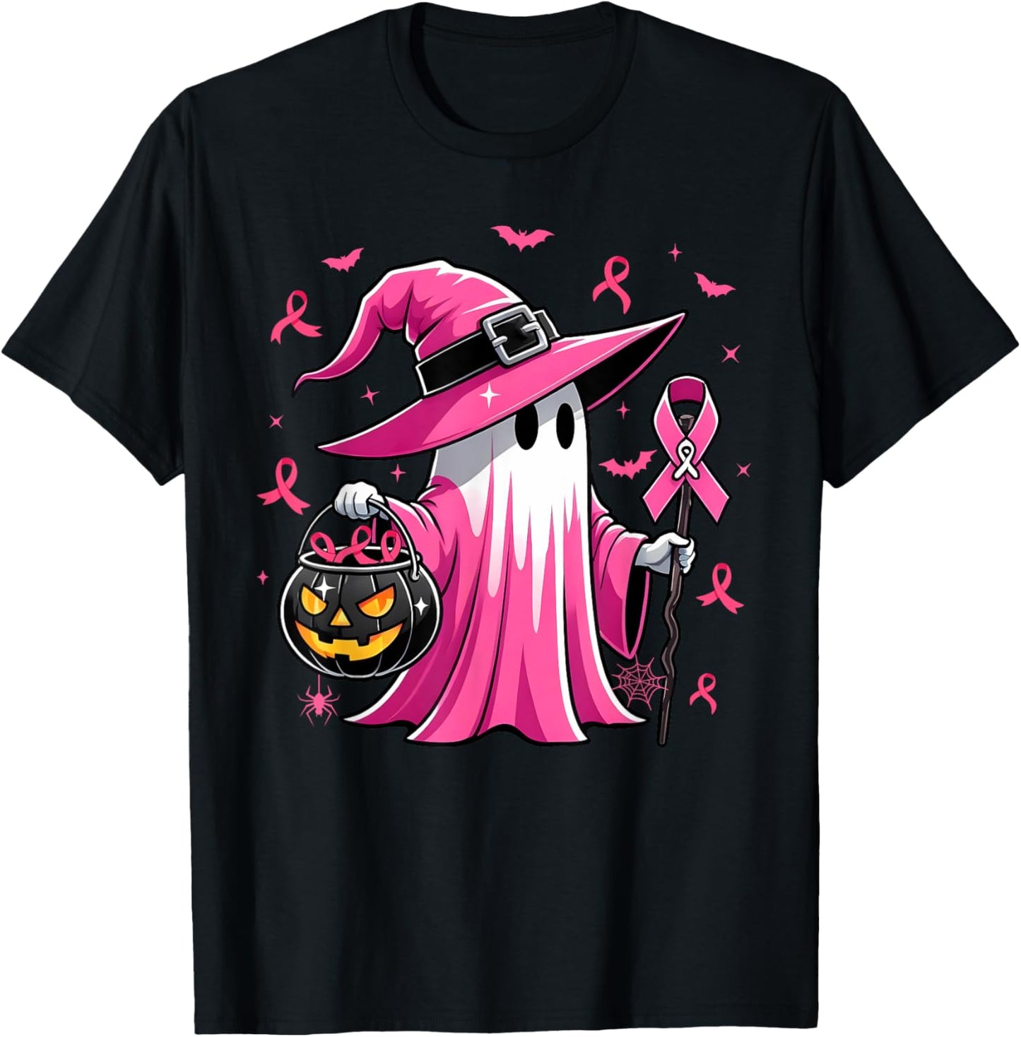 Halloween Pink Ghost Witch Breast Cancer Awareness Women T-Shirt - T-Shirt | Black
