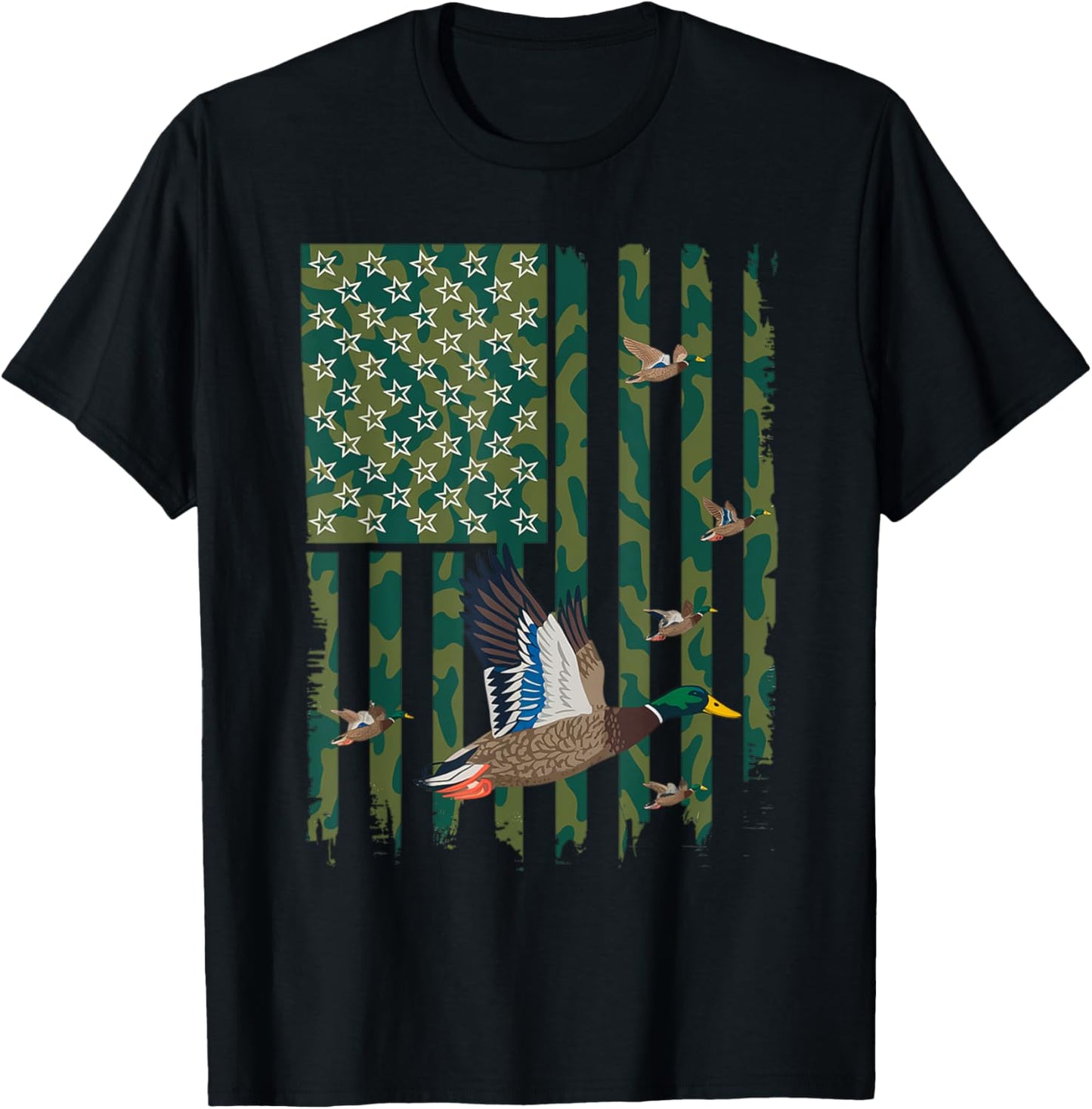 Camo Duck Hunting Shirt American Flag Hunting Gifts Men Boys T-Shirt - T-Shirt | Black