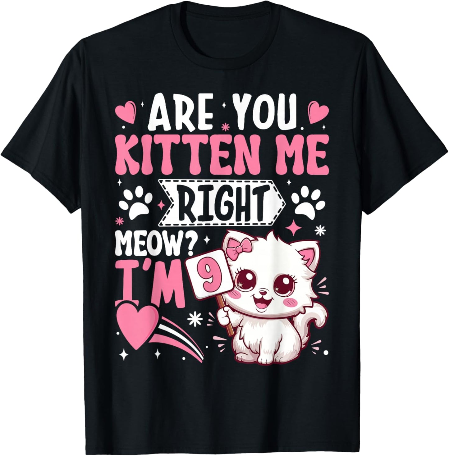 9th Birthday Shirt Girl 9 Year Old Kitten Cat Happy Bday T-Shirt - T-Shirt | Black