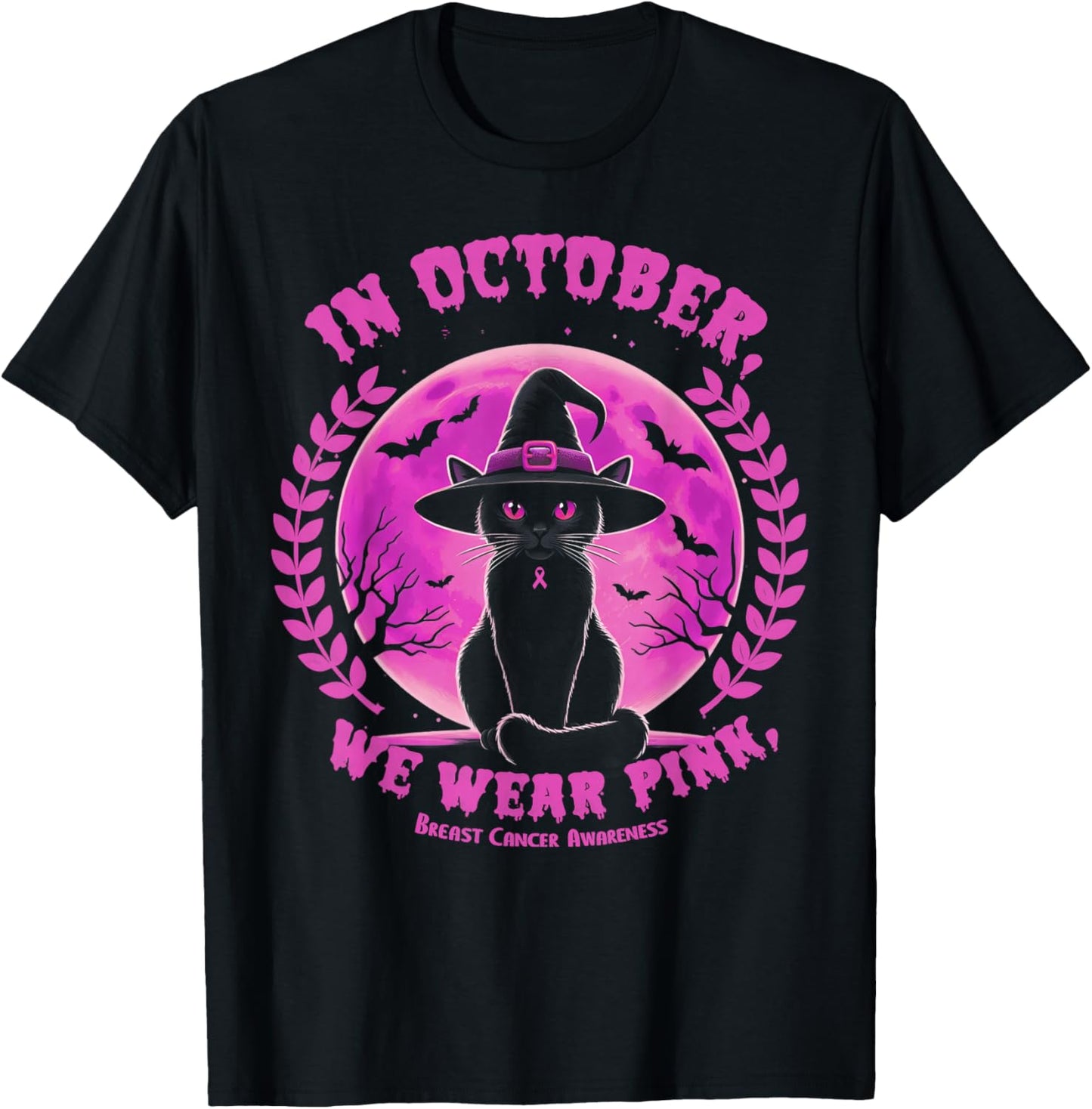 In October We Wear Pink Witch Cat Halloween Breast Cancer T-Shirt - T-Shirt | Black