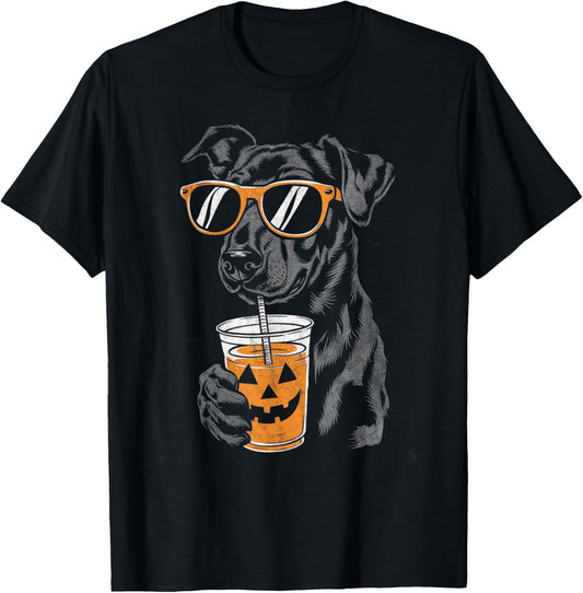 Black Dog with Pumpkin Drink Sunglasses Halloween Men Women Kids T-Shirt - T-Shirt | Black