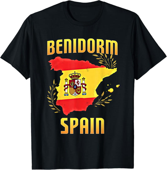 Benidorm Spain Souvenir Travel Vacation Spanish Flag Map T-Shirt - T-Shirt | Black