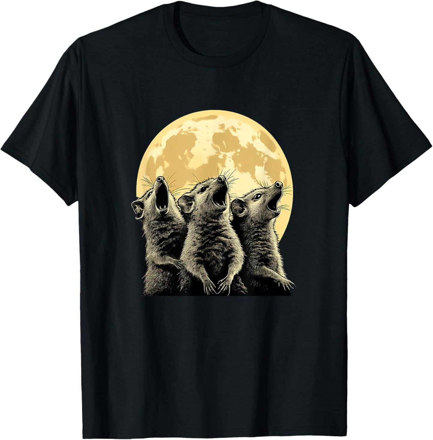 Three Possums Howling at the Moon - Funny 3 Opossum Howl T-Shirt - T-Shirt | Black