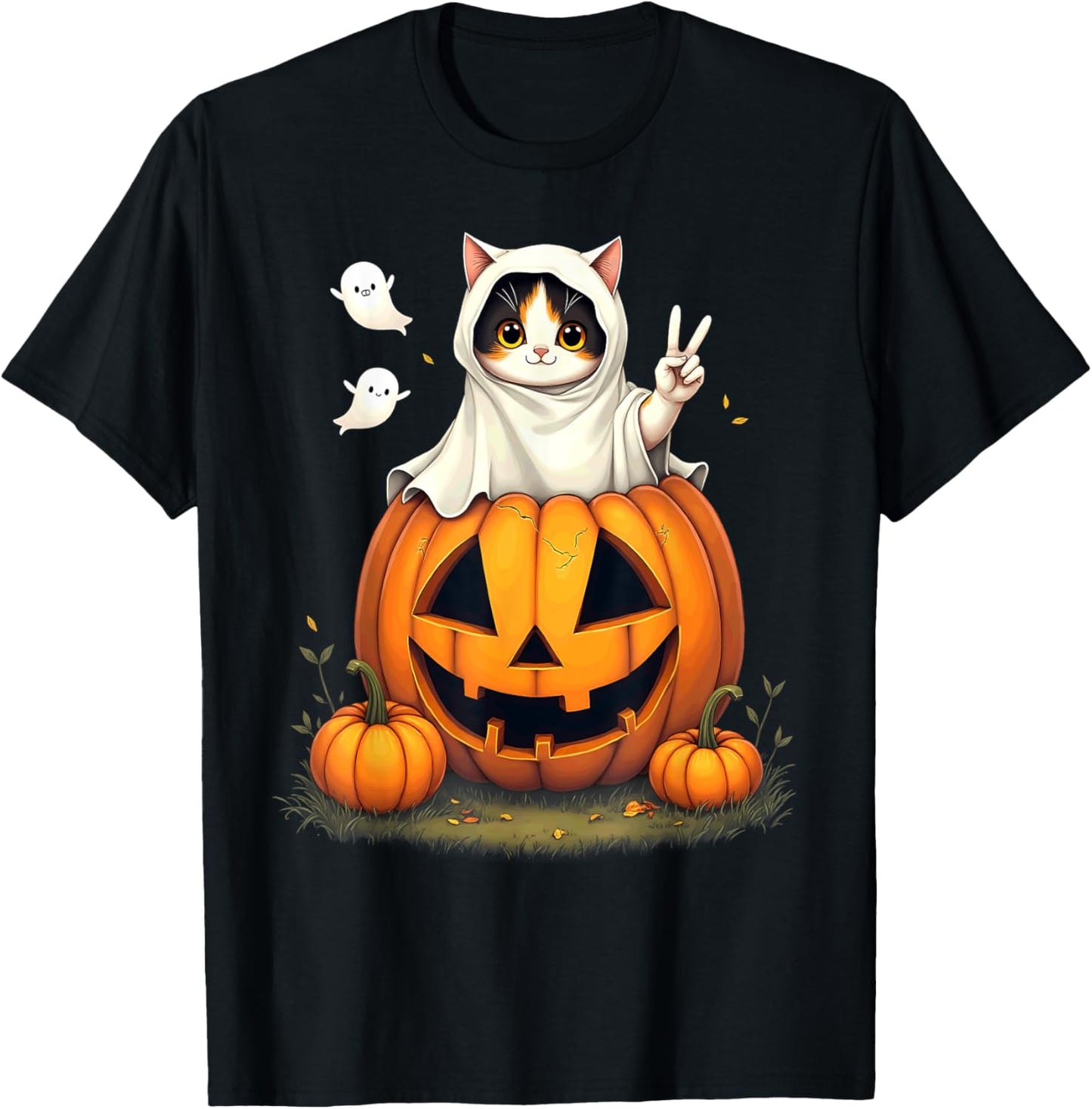 Pumpkin Boo Ghost Calico Cat Halloween Costume Women Kids T-Shirt - T-Shirt | Black