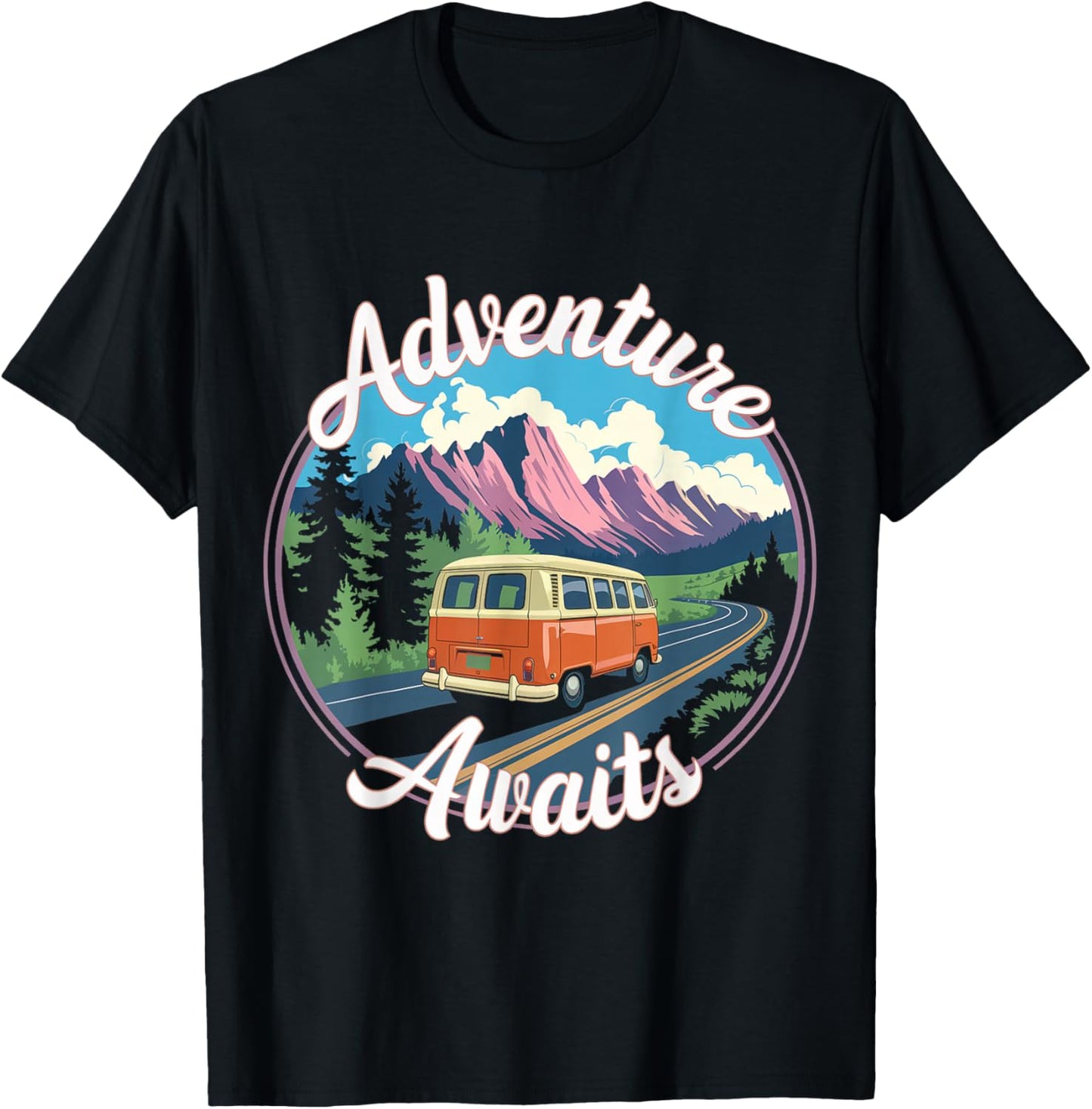 Retro Adventure Apparel Vintage Van Scenic Road Trip T-Shirt - T-Shirt | Black