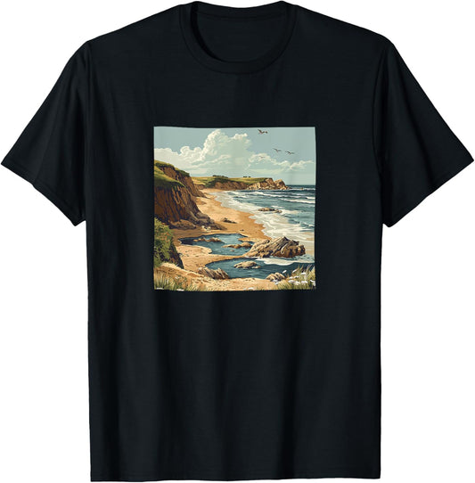 Beach With Tide Pools Vintage Vector Design Graphic T-Shirt - T-Shirt | Black