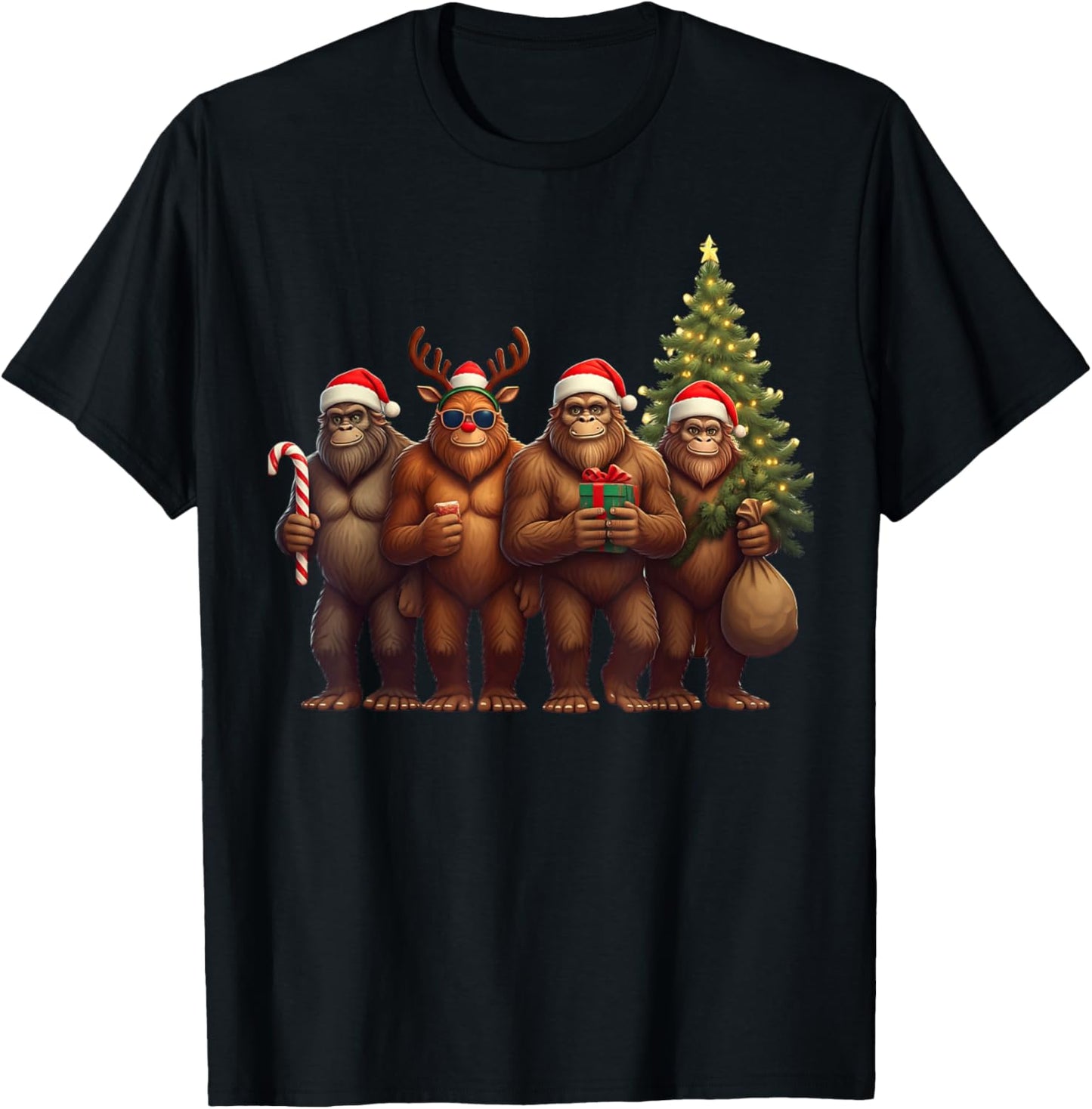 Santa Bigfoot Christmas Lights Bigfoot Lover Xmas Squad T-Shirt - T-Shirt | Black