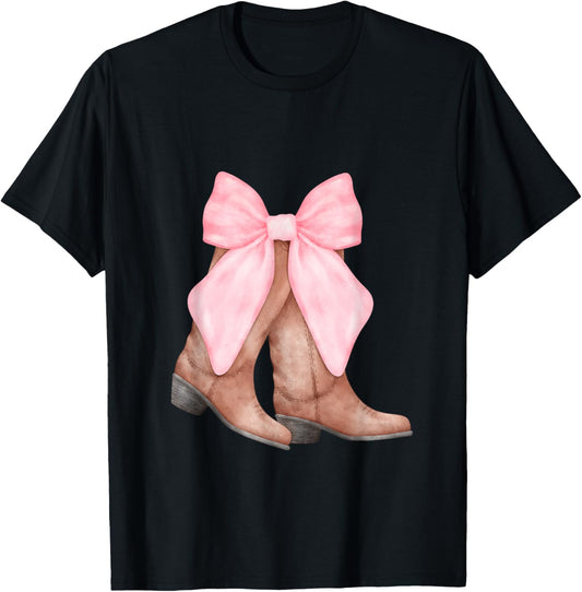 Coquette Pink Bow Cowboy Boots Girls Western T-Shirt - T-Shirt | Black