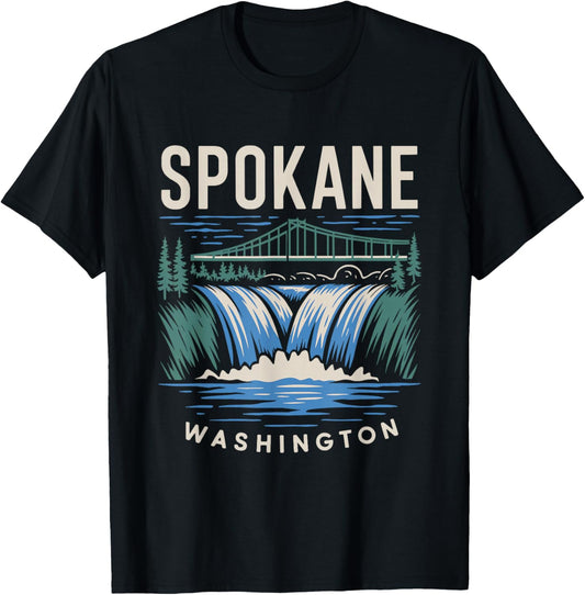 Spokane Washington Waterfall | Vintage Bridge Souvenir T-Shirt - T-Shirt | Black