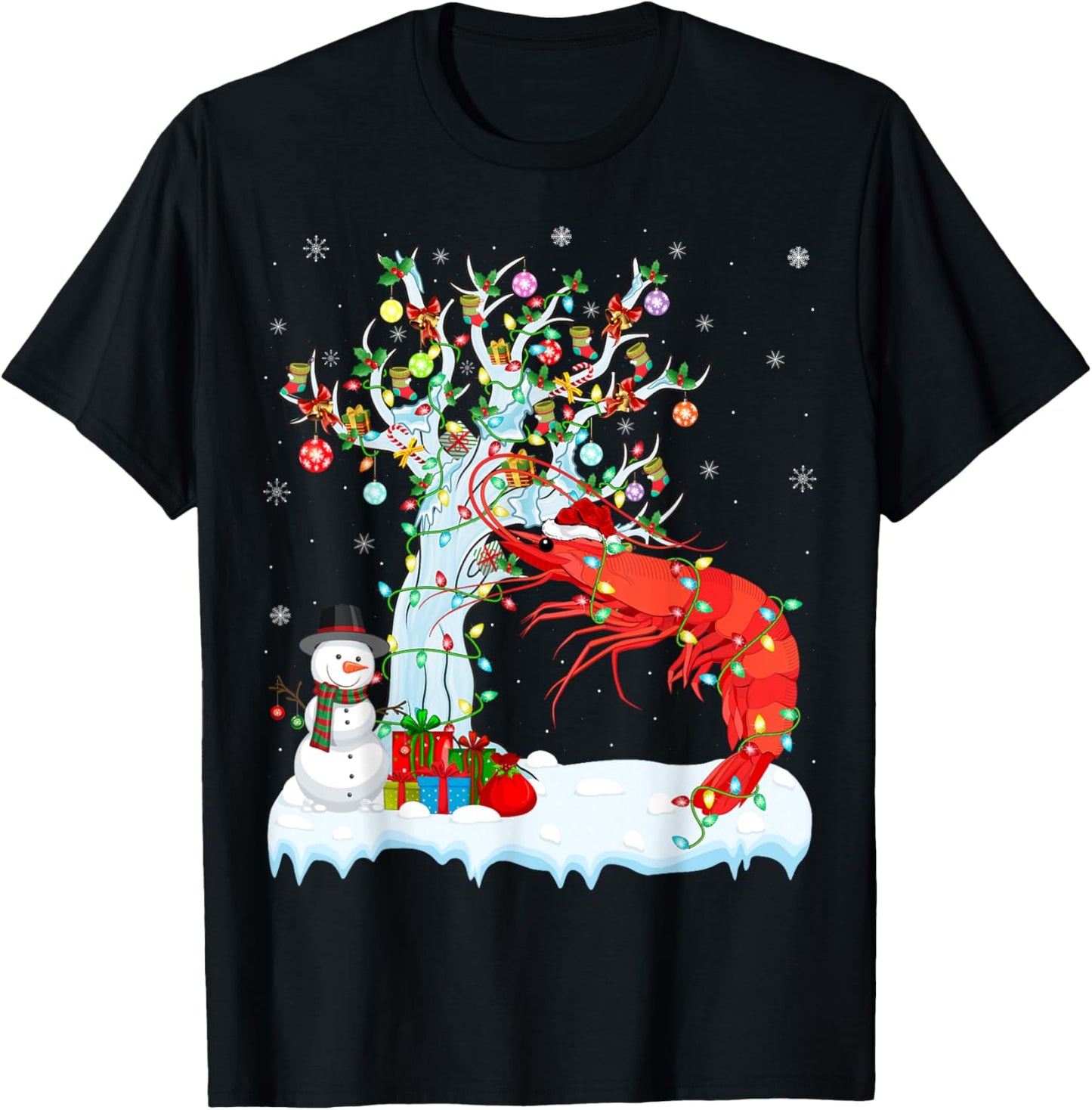 Shrimp Fish Xmas Lighting Tree Santa Hat Shrimp Christmas T-Shirt - T-Shirt | Black