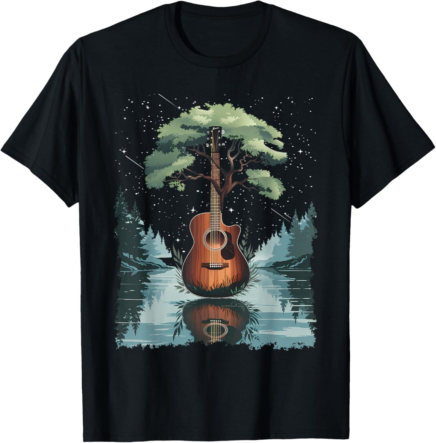 Acoustic Guitar Tree and Moon By The Lake Guitarist T-Shirt - T-Shirt | Black