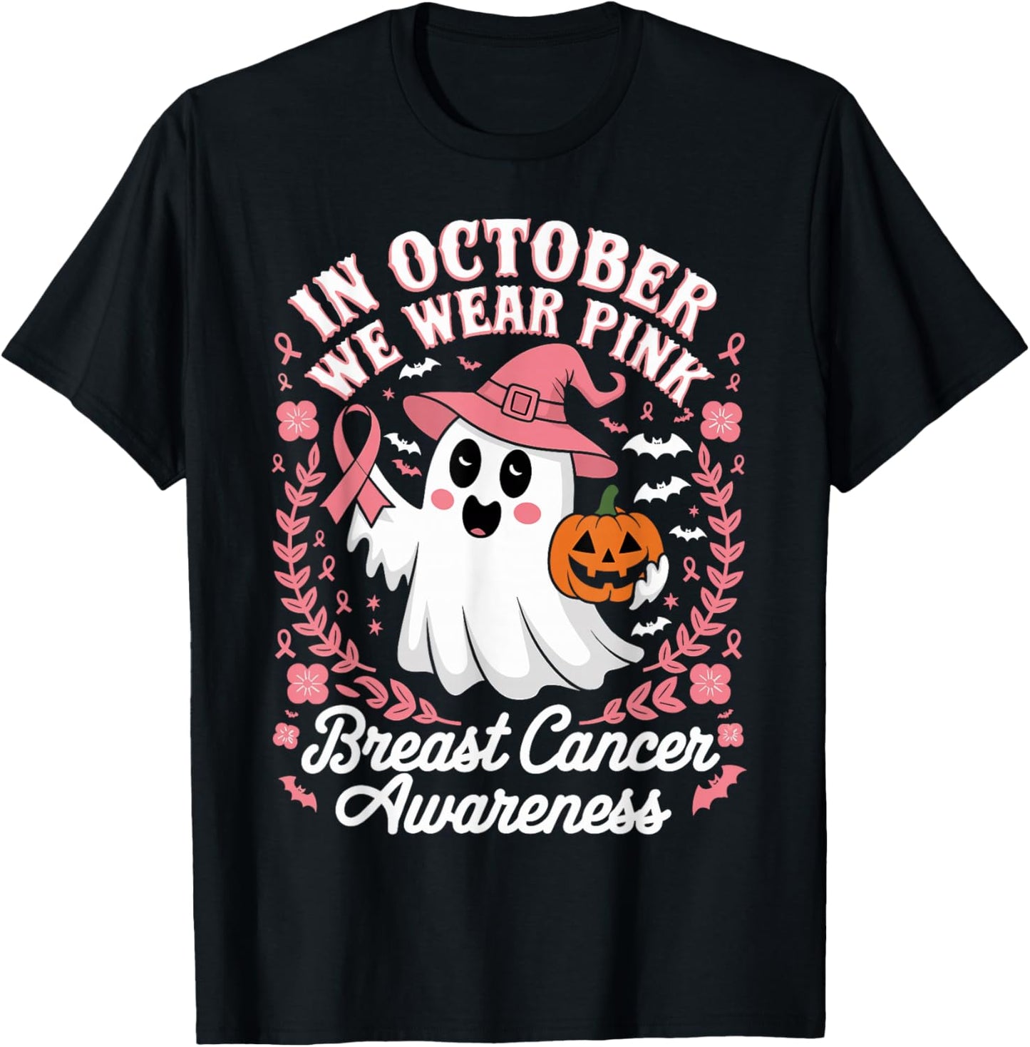 In October We Wear Pink Pumpkins Breast Cancer Awareness T-Shirt - T-Shirt | Black
