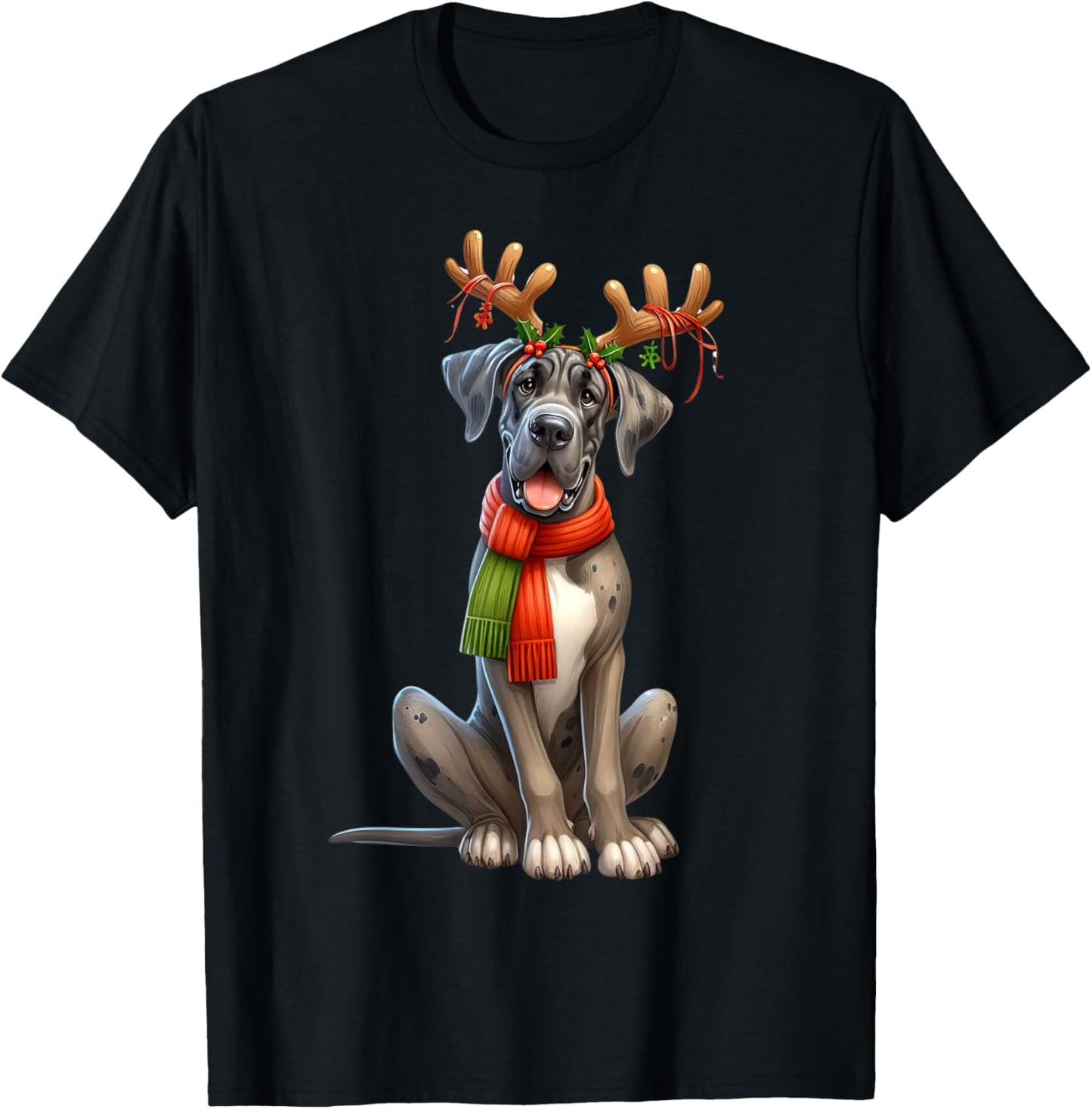 Great Dane Reindeer Santa Hat Xmas Lights Christmas Xmas Dog T-Shirt - T-Shirt | Black