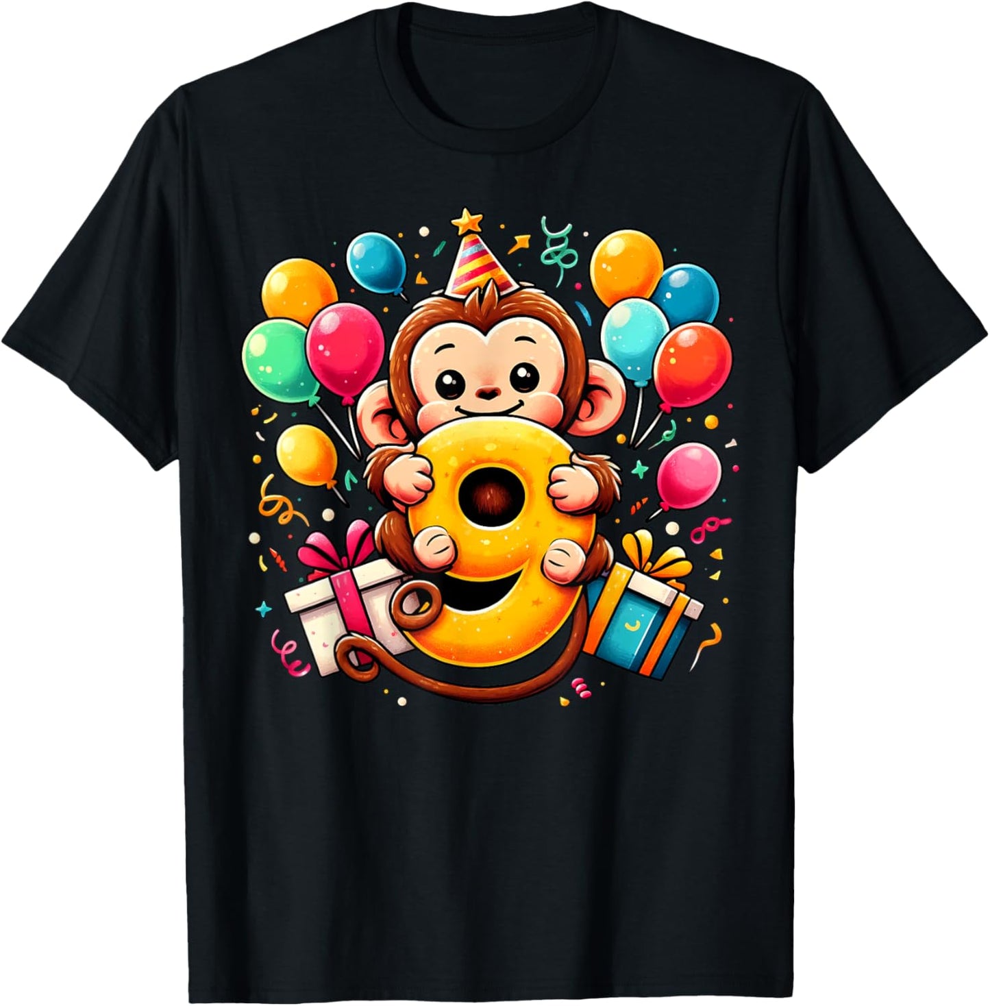 Monkey 9th birthday boy girl 9 years old ninth nine Monkey T-Shirt - T-Shirt | Black
