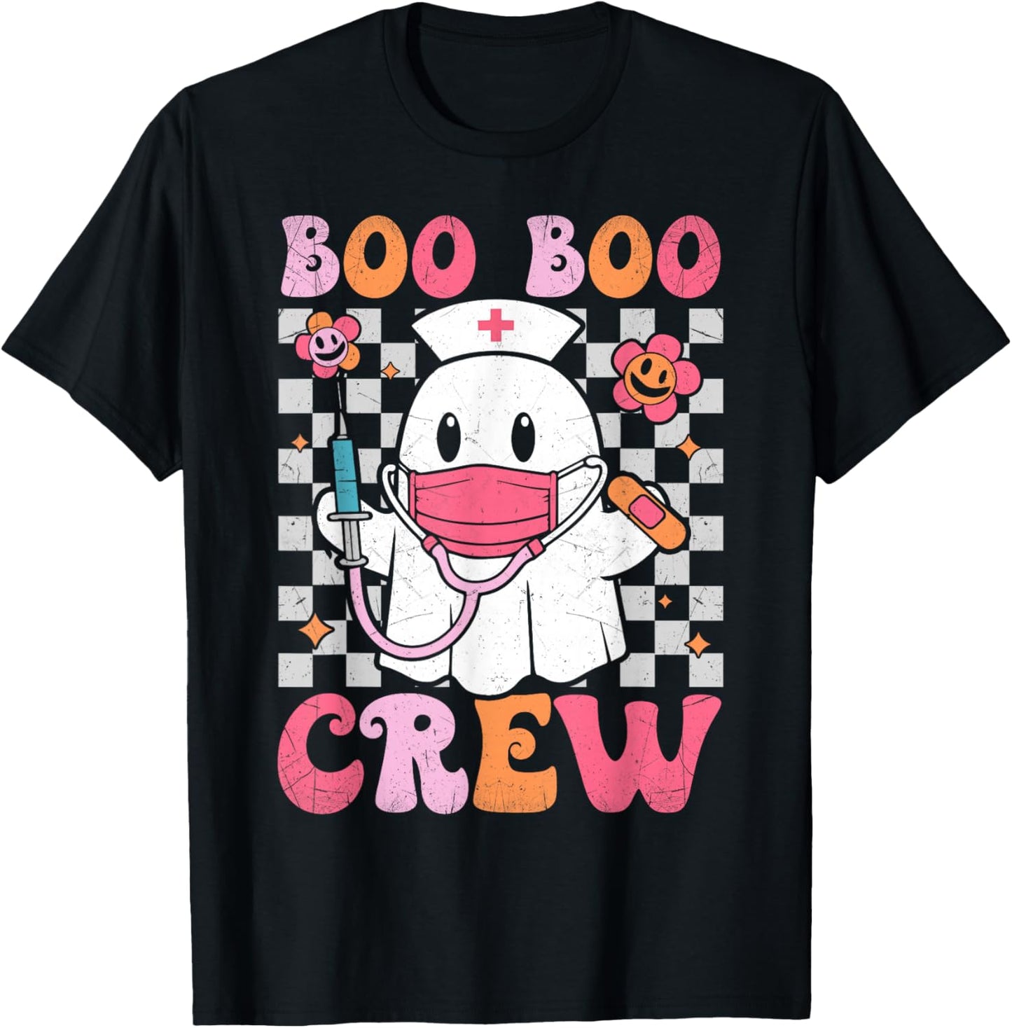 Boo Boo Crew Halloween Ghost Nurse Cute Boo Nursing Groovy T-Shirt - T-Shirt | Black