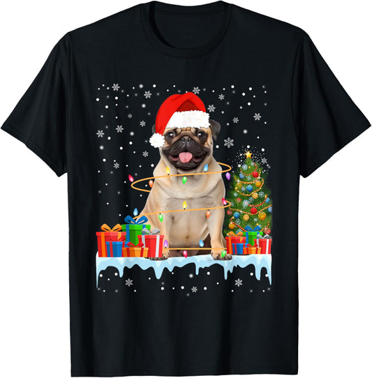 Funny Santa Pug Dog Christmas Lights Xmas Pajamas T-Shirt - T-Shirt | Black