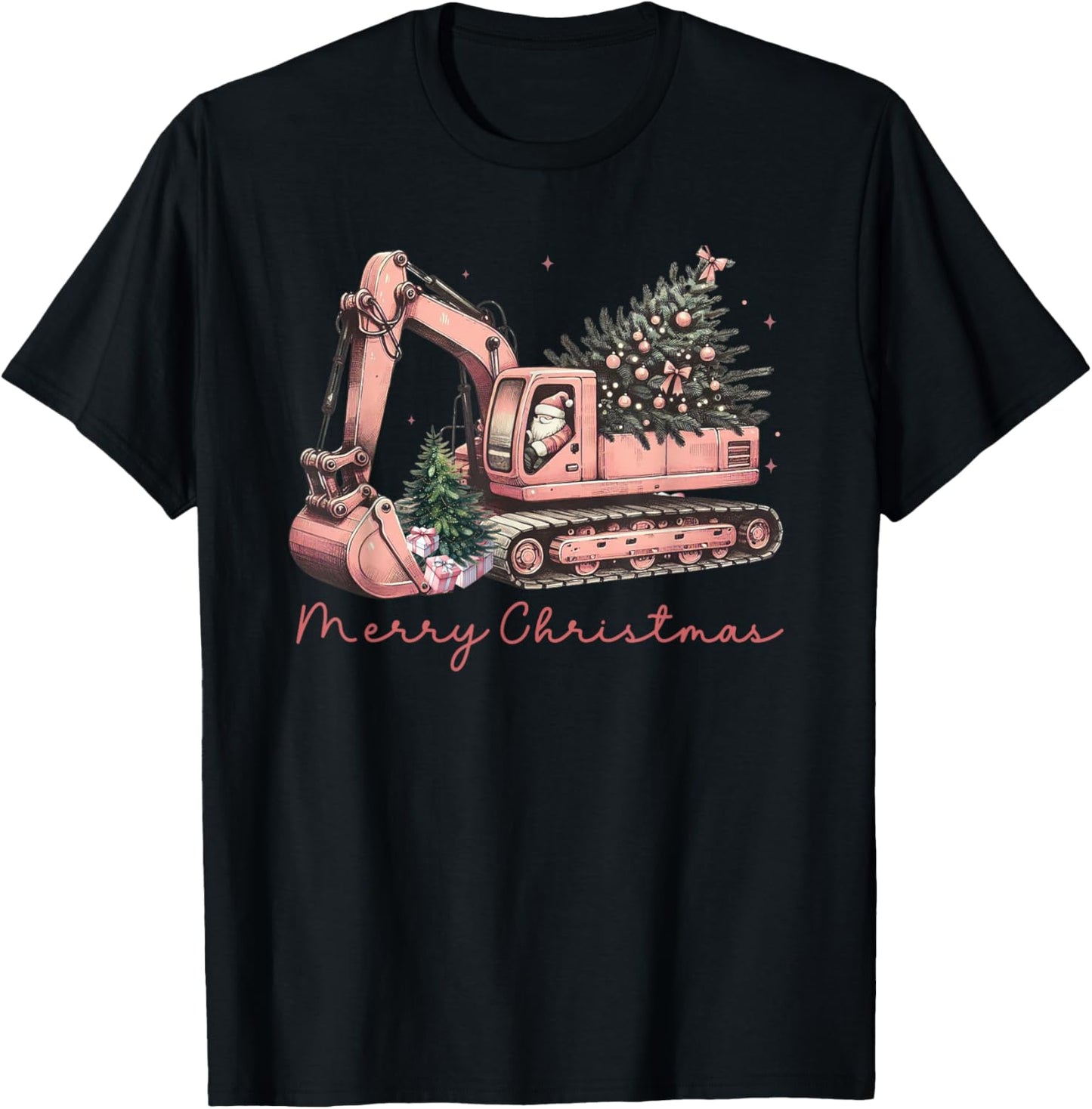 Merry Christmas Construction Excavator Christmas Tree Light T-Shirt - T-Shirt | Black