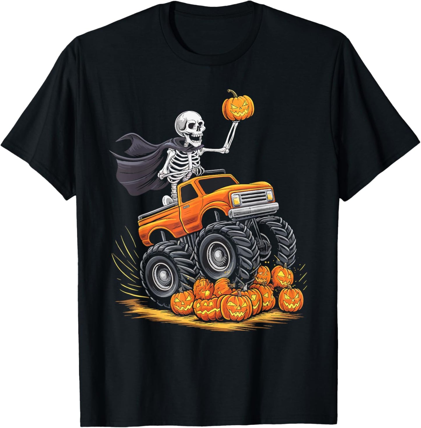 Skeleton Riding Monster Truck Halloween Pumpkin Kids Toddler T-Shirt - T-Shirt | Black