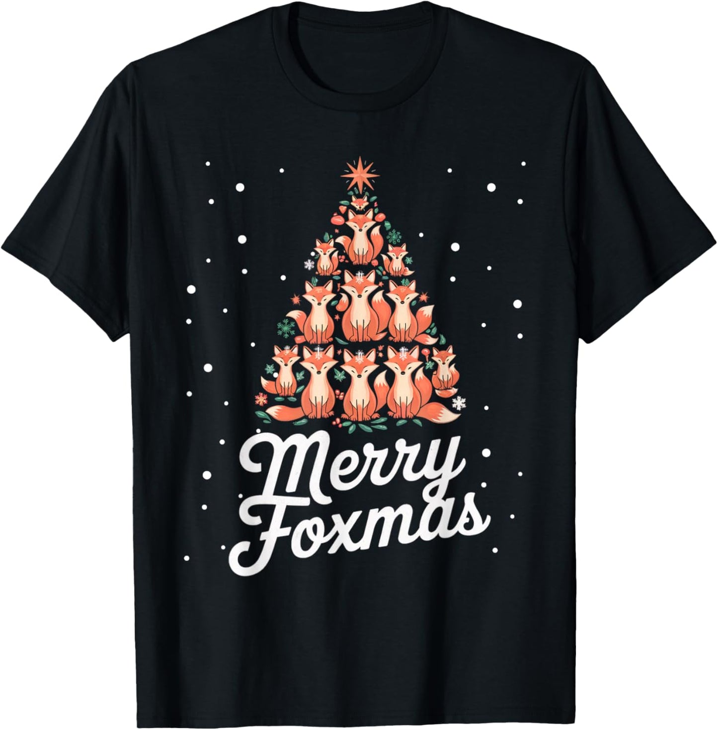 Fox Xmas Tree Foxes Christmas Tree Merry Foxmas T-Shirt - T-Shirt | Black