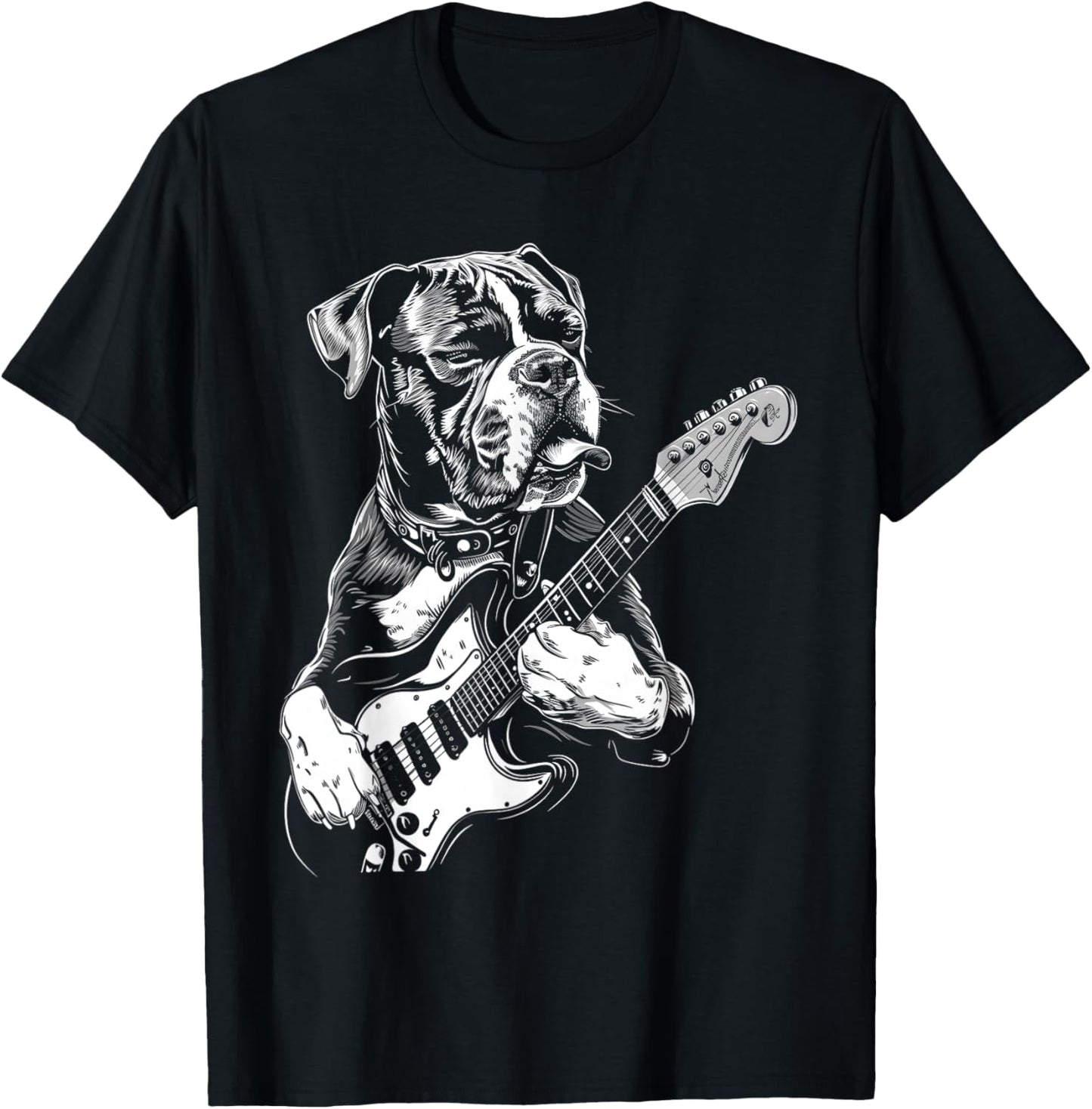 Funny Boxer Dog Playing Electric Guitar Rock Dog Dad Women Girls Kids T-Shirt - T-Shirt | Black
